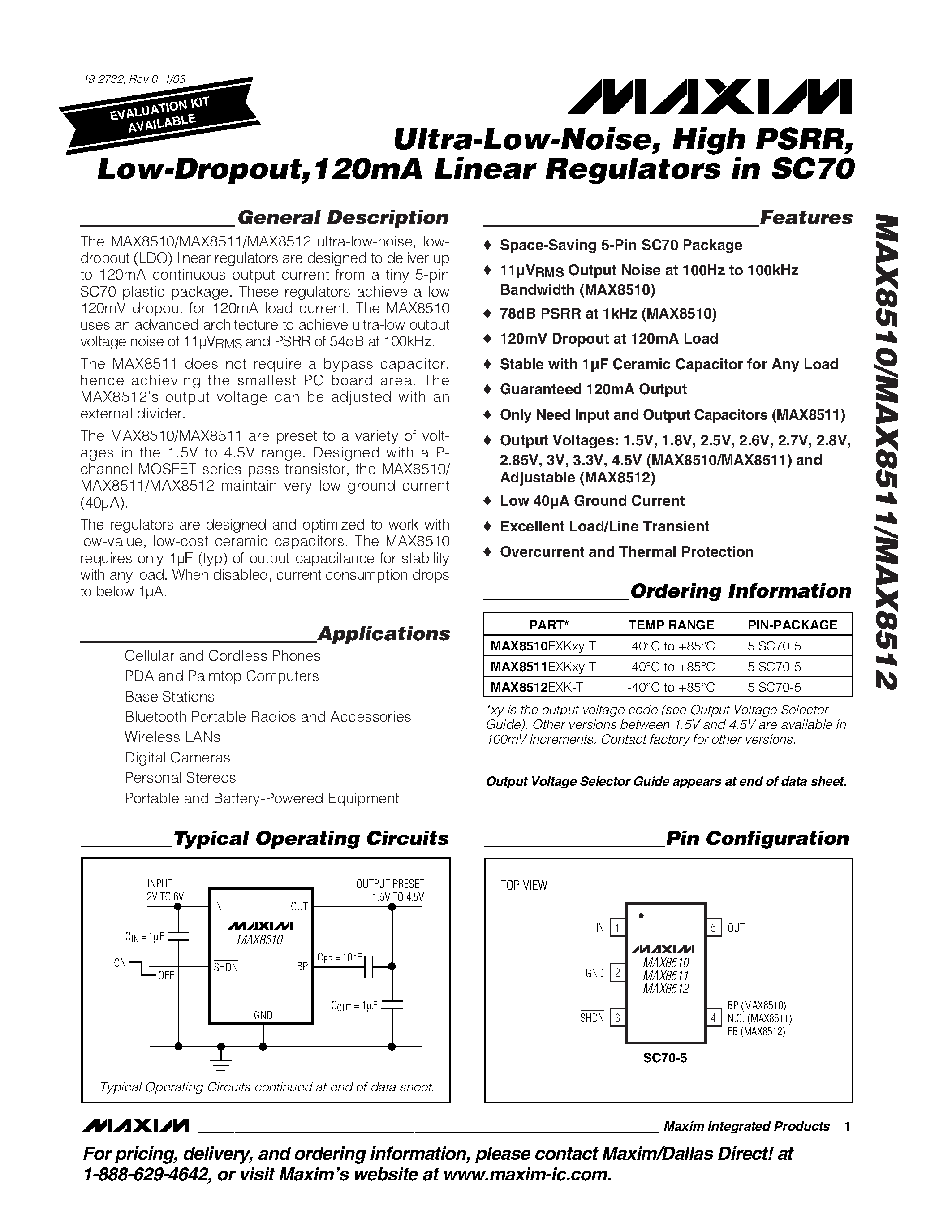 Datasheet MAX8512EXK-T - Ultra-Low-Noise / High PSRR / Low-Dropout /120mA Linear Regulators in SC70 page 1