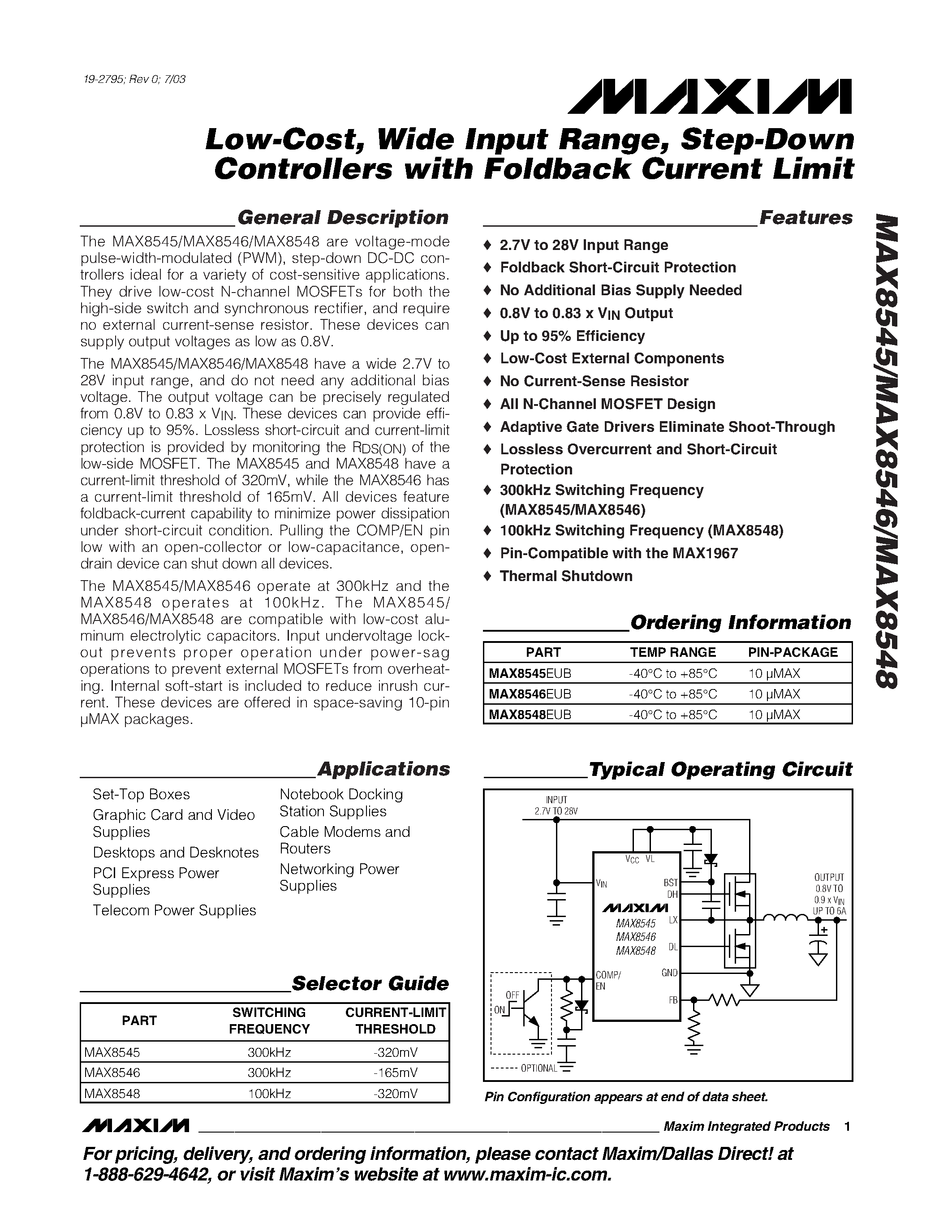Datasheet MAX8545 - Low-Cost / Wide Input Range / Step-Down Controllers with Foldback Current Limit page 1