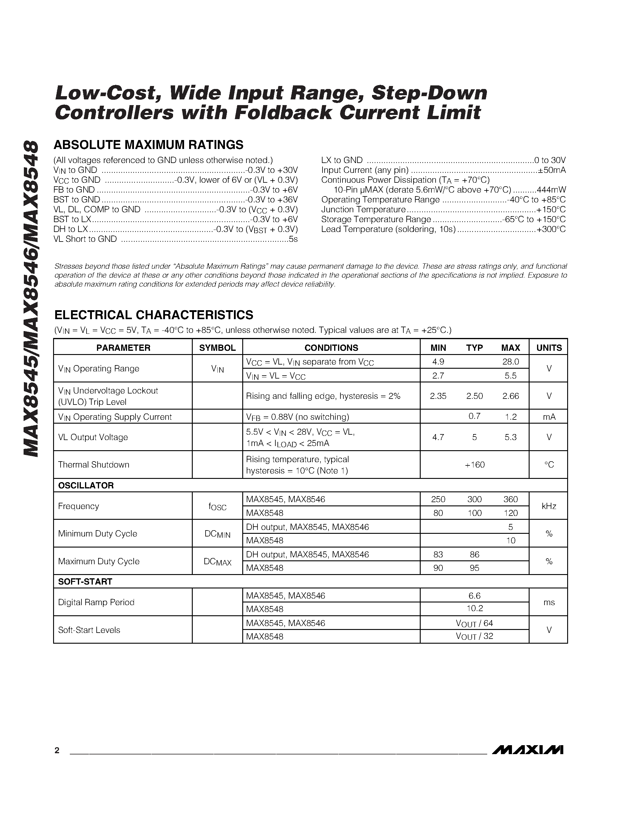 Datasheet MAX8545 - Low-Cost / Wide Input Range / Step-Down Controllers with Foldback Current Limit page 2