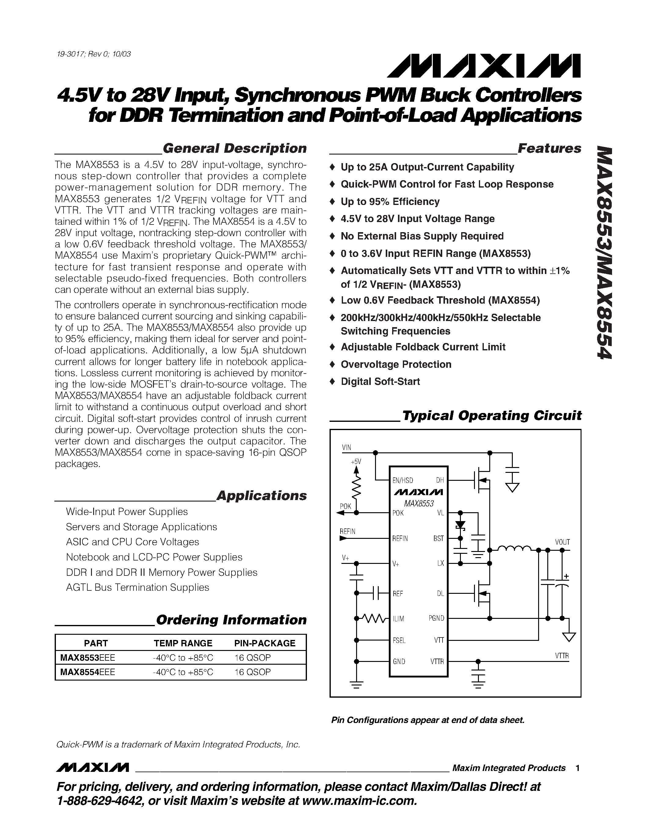 Datasheet MAX8553 - 4.5V to 28V Input / Synchronous PWM Buck Controllers for DDR Termination and Point-of-Load Applications page 1