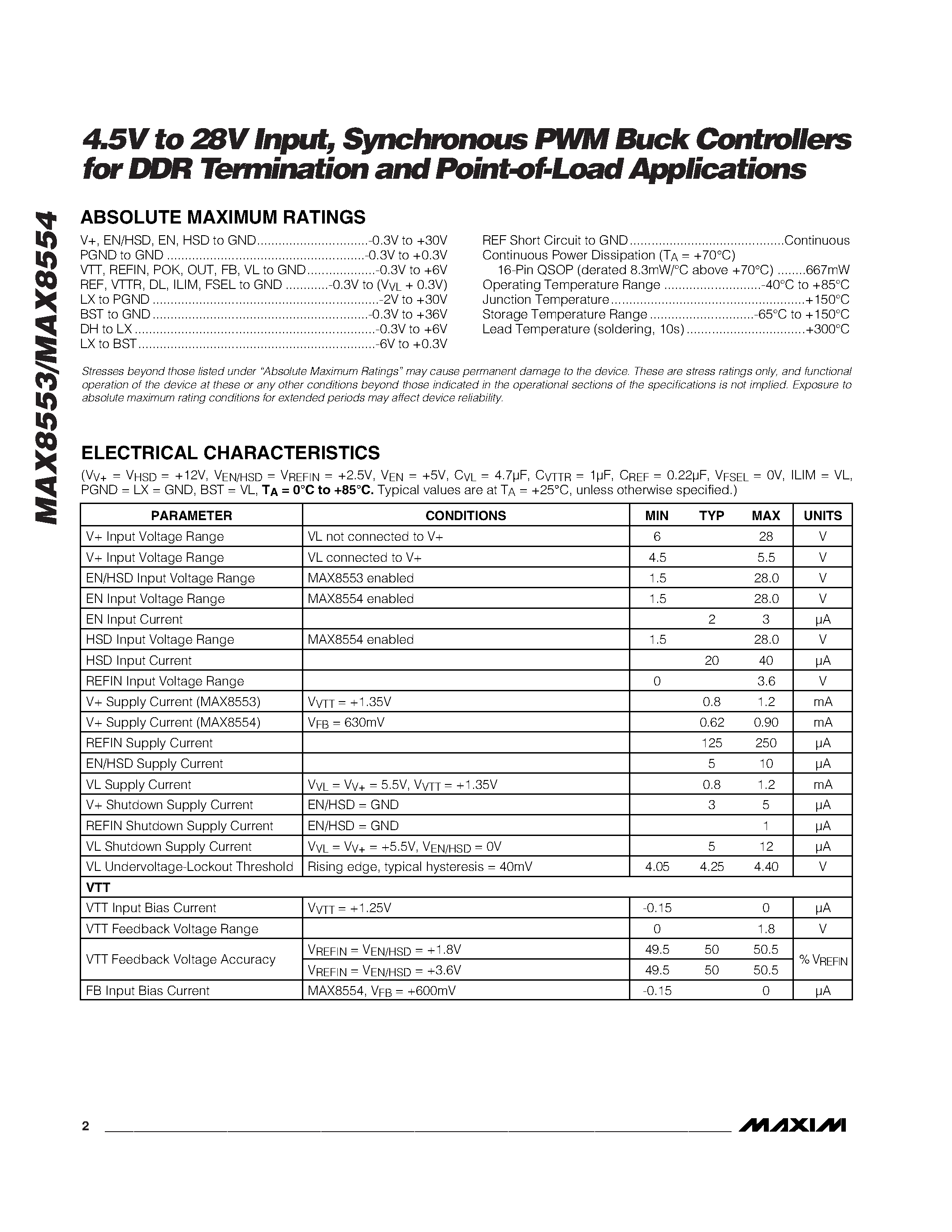 Datasheet MAX8553 - 4.5V to 28V Input / Synchronous PWM Buck Controllers for DDR Termination and Point-of-Load Applications page 2