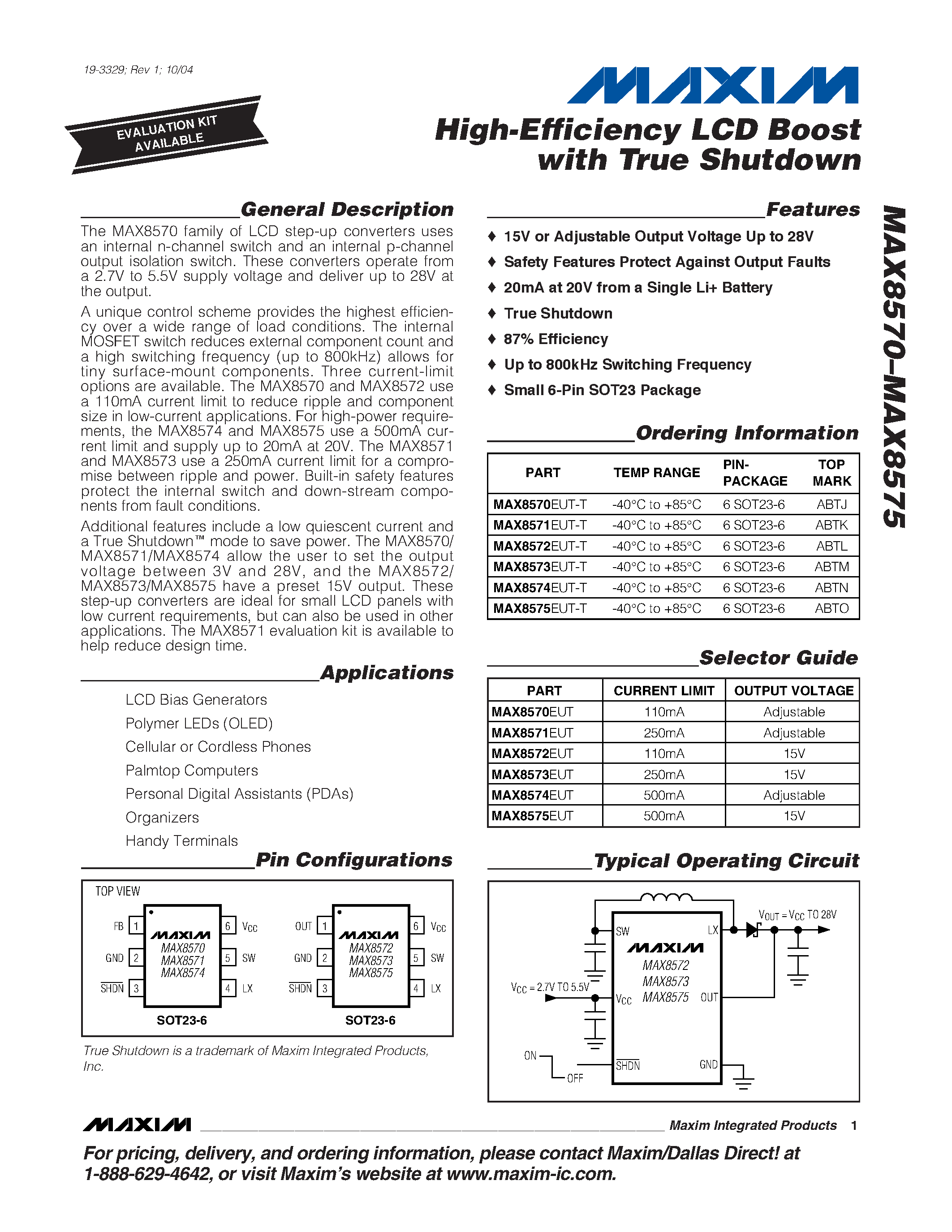 Datasheet MAX8572EUT-T - High-Efficiency LCD Boost with True Shutdown page 1