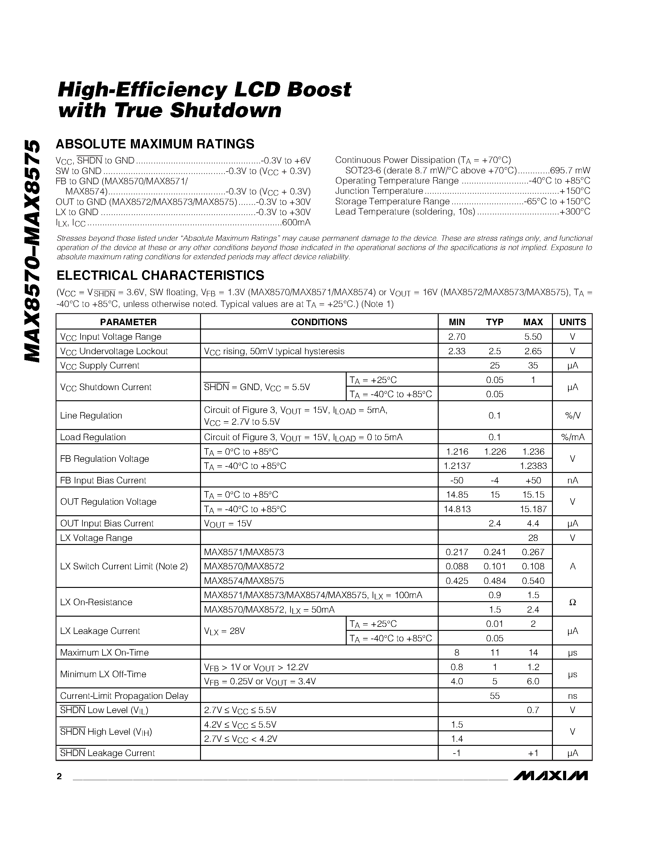 Datasheet MAX8573EUT-T - High-Efficiency LCD Boost with True Shutdown page 2