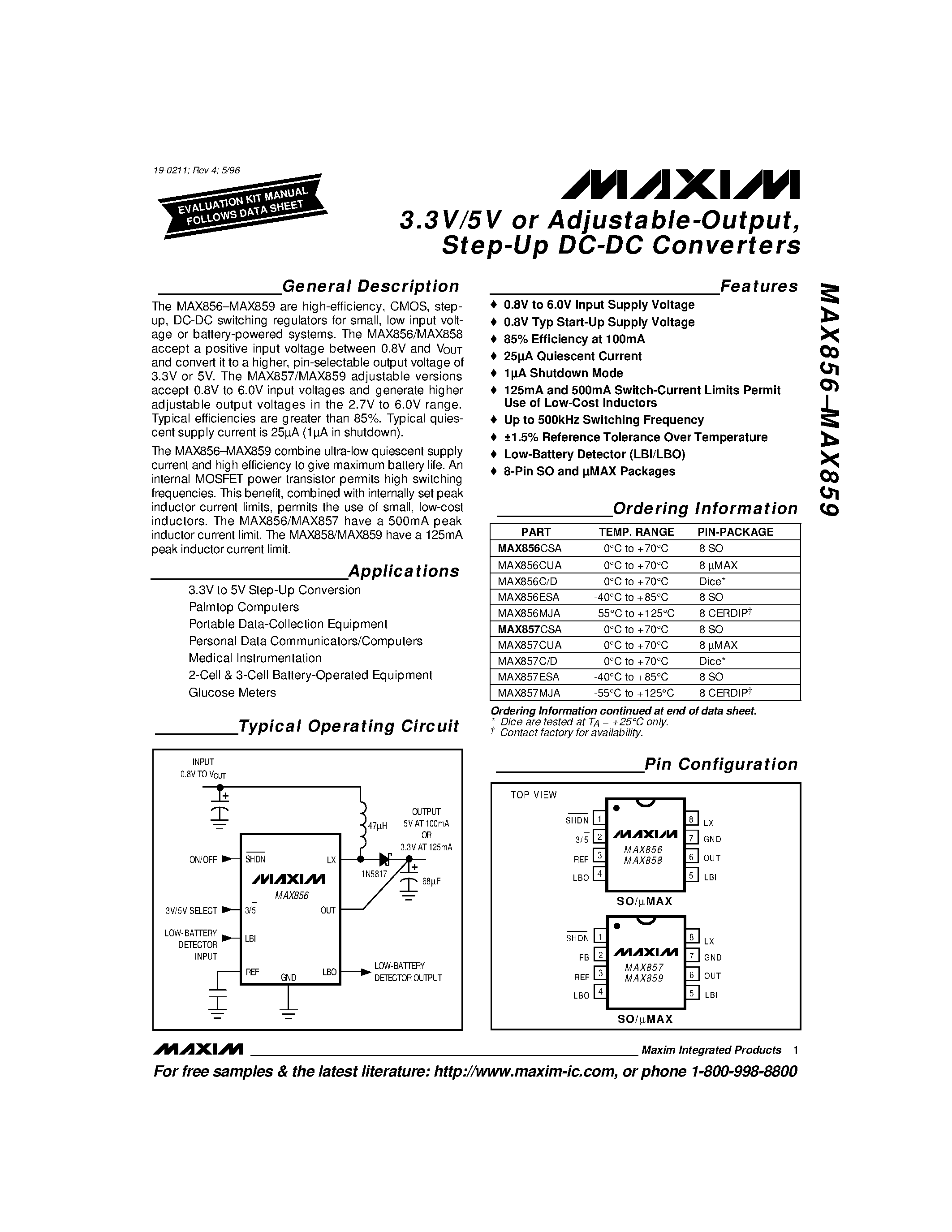 Datasheet MAX858CSA - 3.3V/5V or Adjustable-Output / Step-Up DC-DC Converters page 1