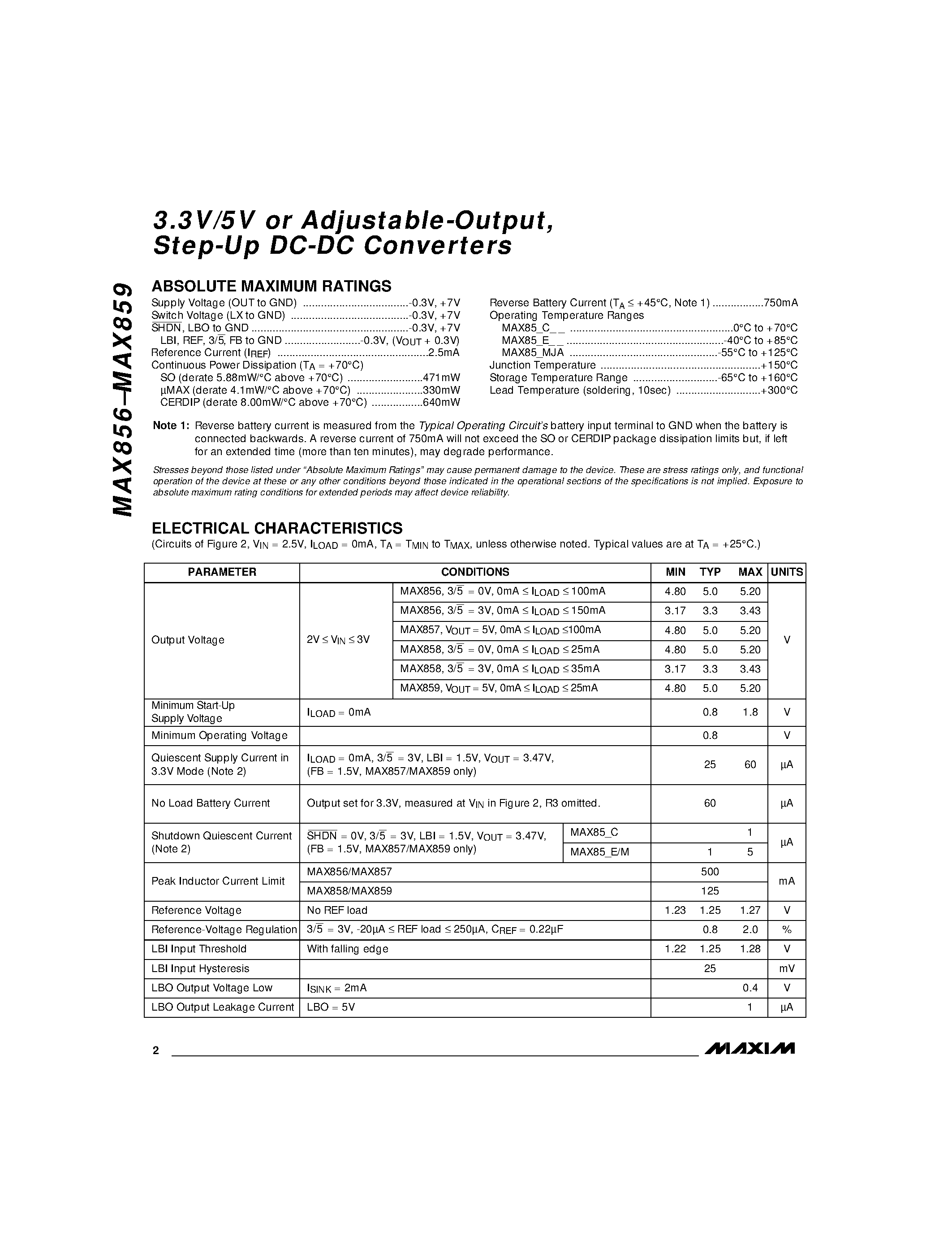 Datasheet MAX858ESA - 3.3V/5V or Adjustable-Output / Step-Up DC-DC Converters page 2