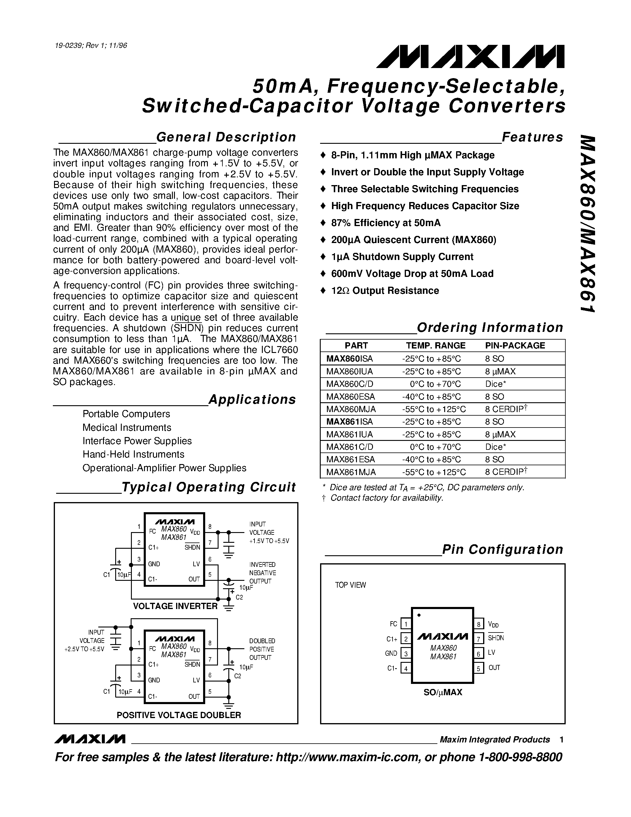 Datasheet MAX860 - 50mA / Frequency-Selectable / Switched-Capacitor Voltage Converters page 1