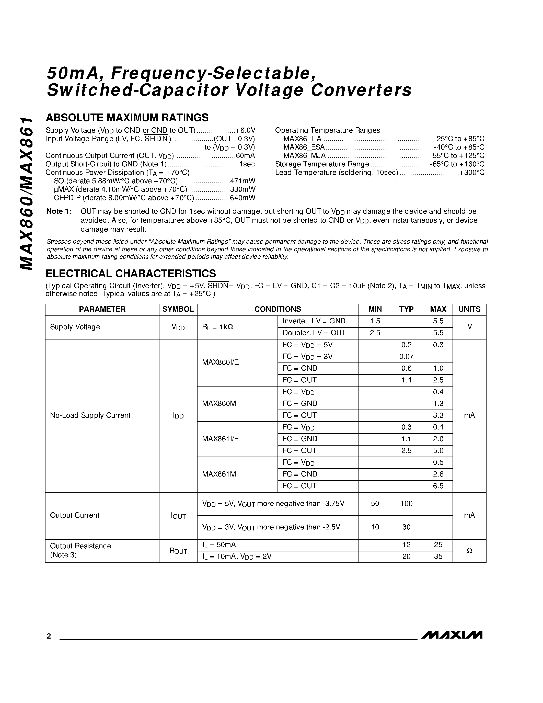 Datasheet MAX860 - 50mA / Frequency-Selectable / Switched-Capacitor Voltage Converters page 2