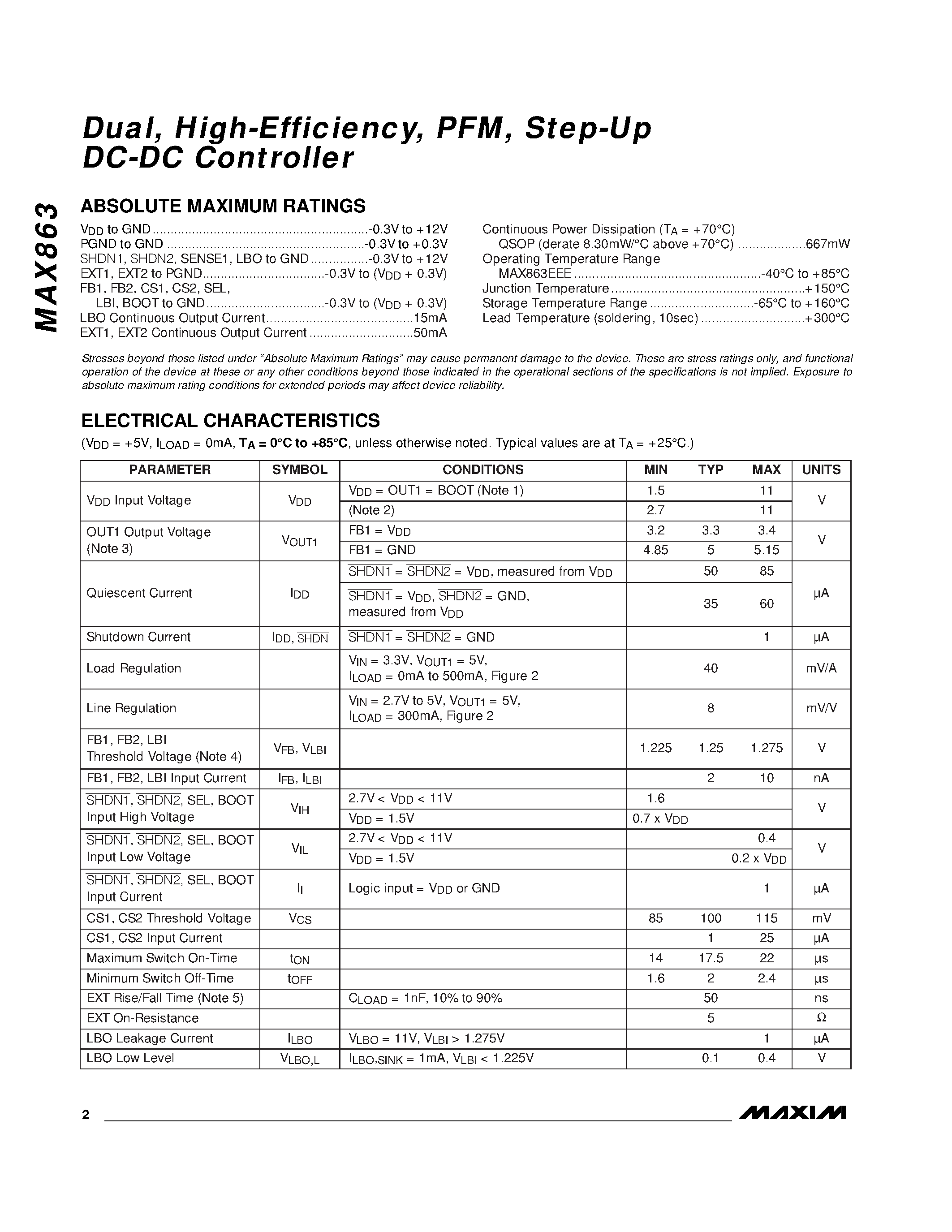 Datasheet MAX863 - Dual / High-Efficiency / PFM / Step-Up DC-DC Controller page 2