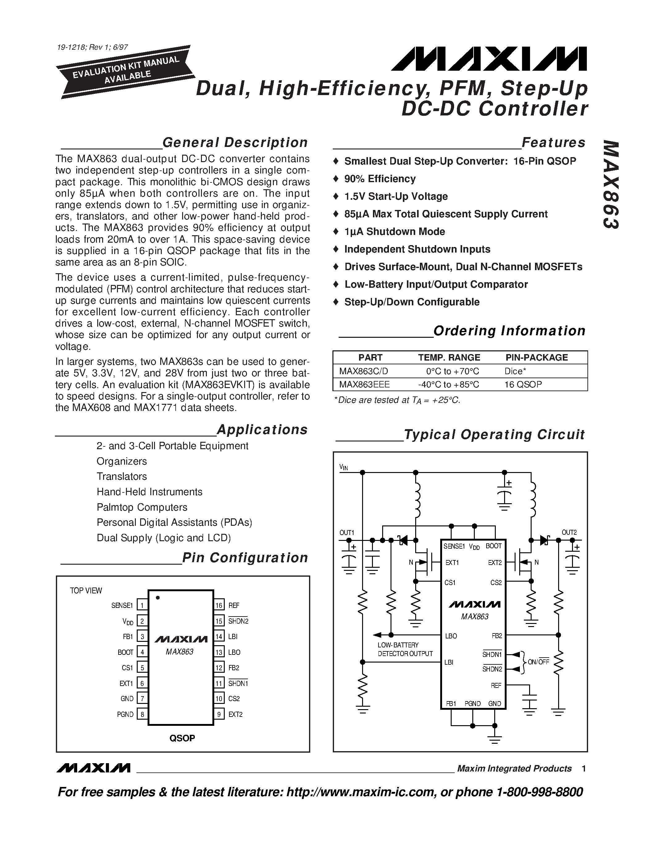 Datasheet MAX863EEE - Dual / High-Efficiency / PFM / Step-Up DC-DC Controller page 1