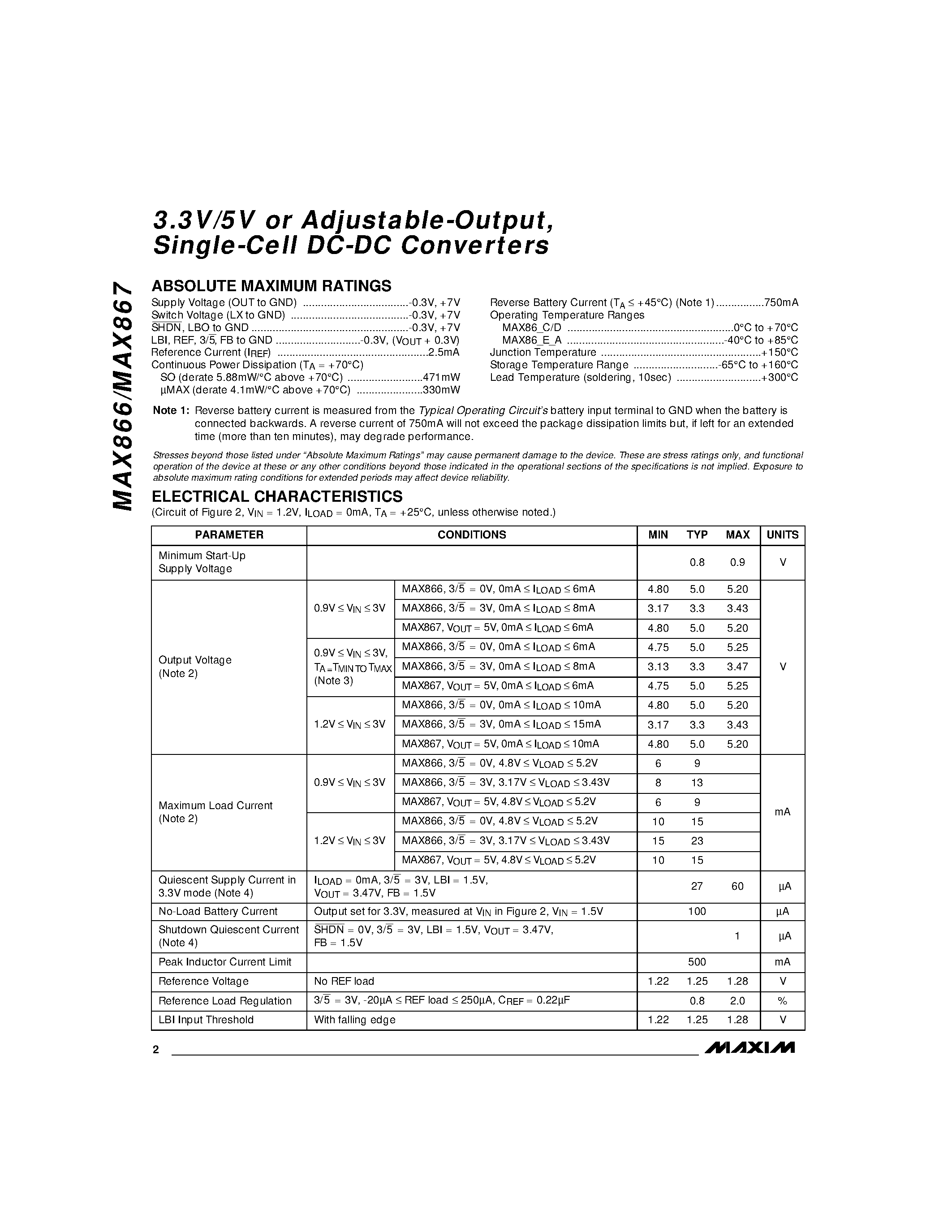 Datasheet MAX866ESA - 3.3V/5V or Adjustable-Output / Single-Cell DC-DC Converters page 2