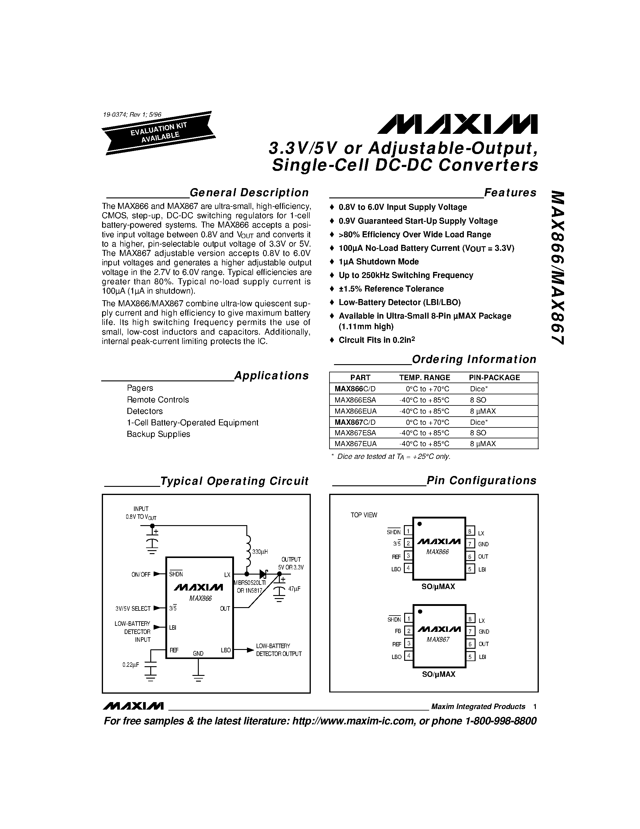 Datasheet MAX867ESA - 3.3V/5V or Adjustable-Output / Single-Cell DC-DC Converters page 1