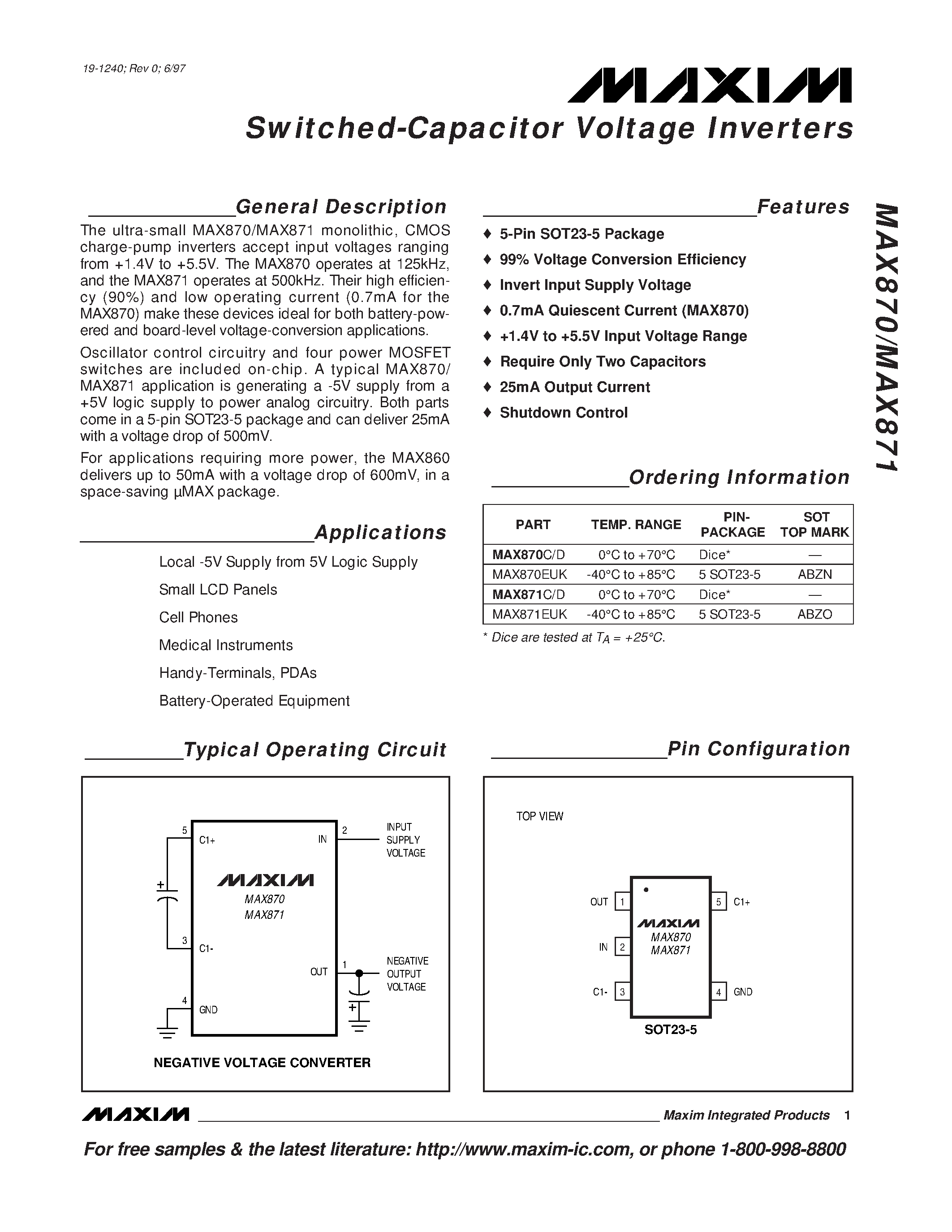 Datasheet MAX871D page 1 Datasheet MAX871D - Switched-Capacitor Voltage Inverters page 1
