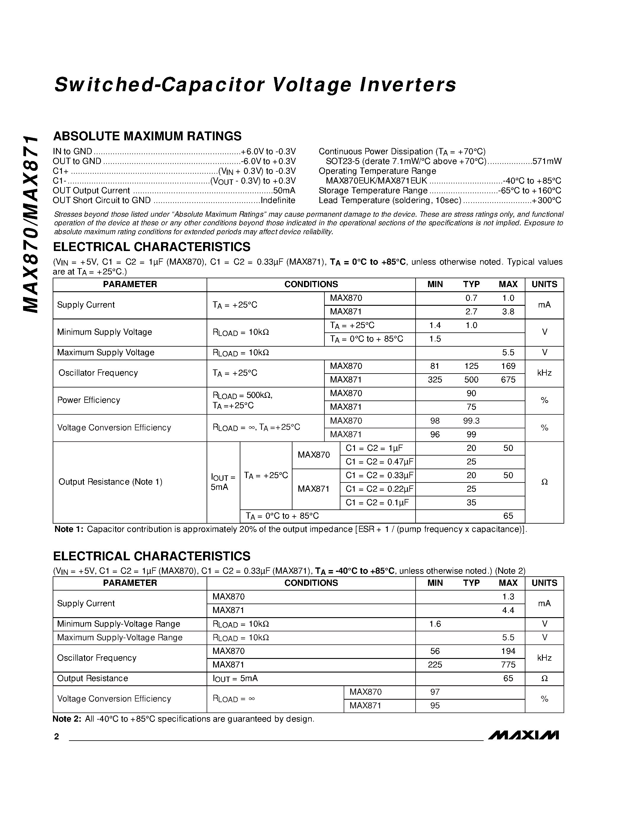 Datasheet MAX871D page 2 Datasheet MAX871D - Switched-Capacitor Voltage Inverters page 2