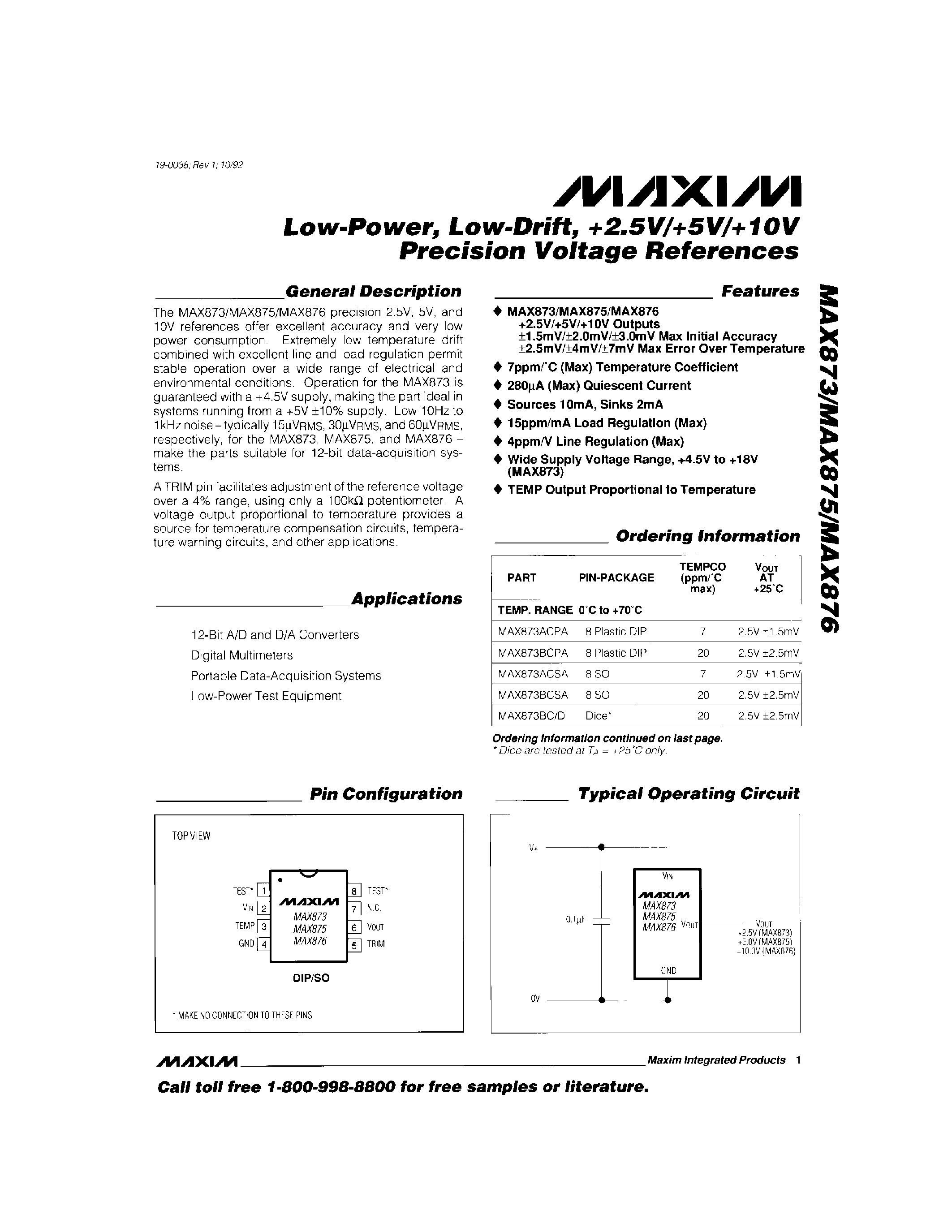 Datasheet MAX875 - Low-Power / Low-Drift / +2.5V/+5V/+10V Precision Voltage References page 1