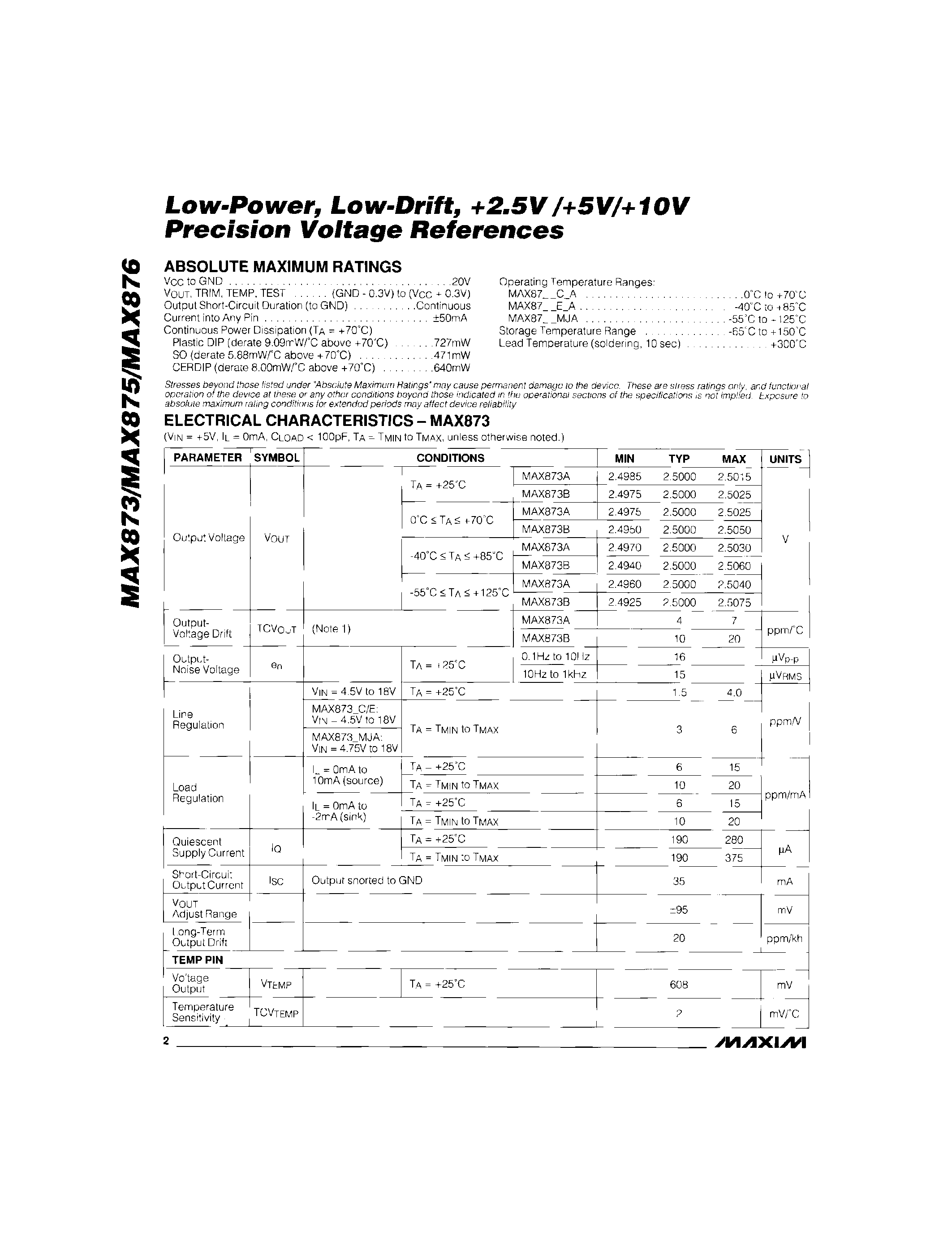 Datasheet MAX876 - Low-Power / Low-Drift / +2.5V/+5V/+10V Precision Voltage References page 2