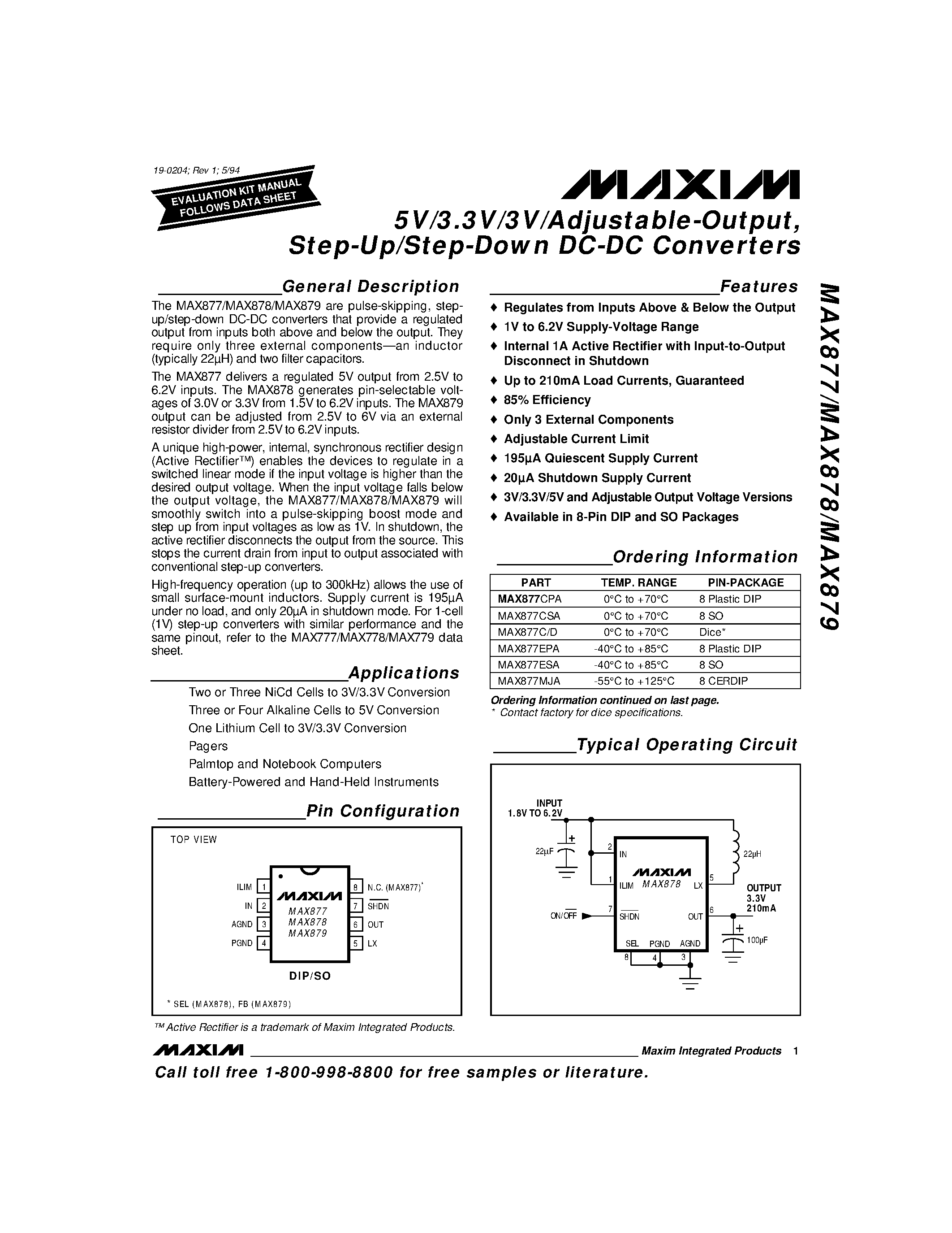 Даташит MAX877 - 5V/3.3V/3V/Adjustable-Output / Step-Up/Step-Down DC-DC Converters страница 1