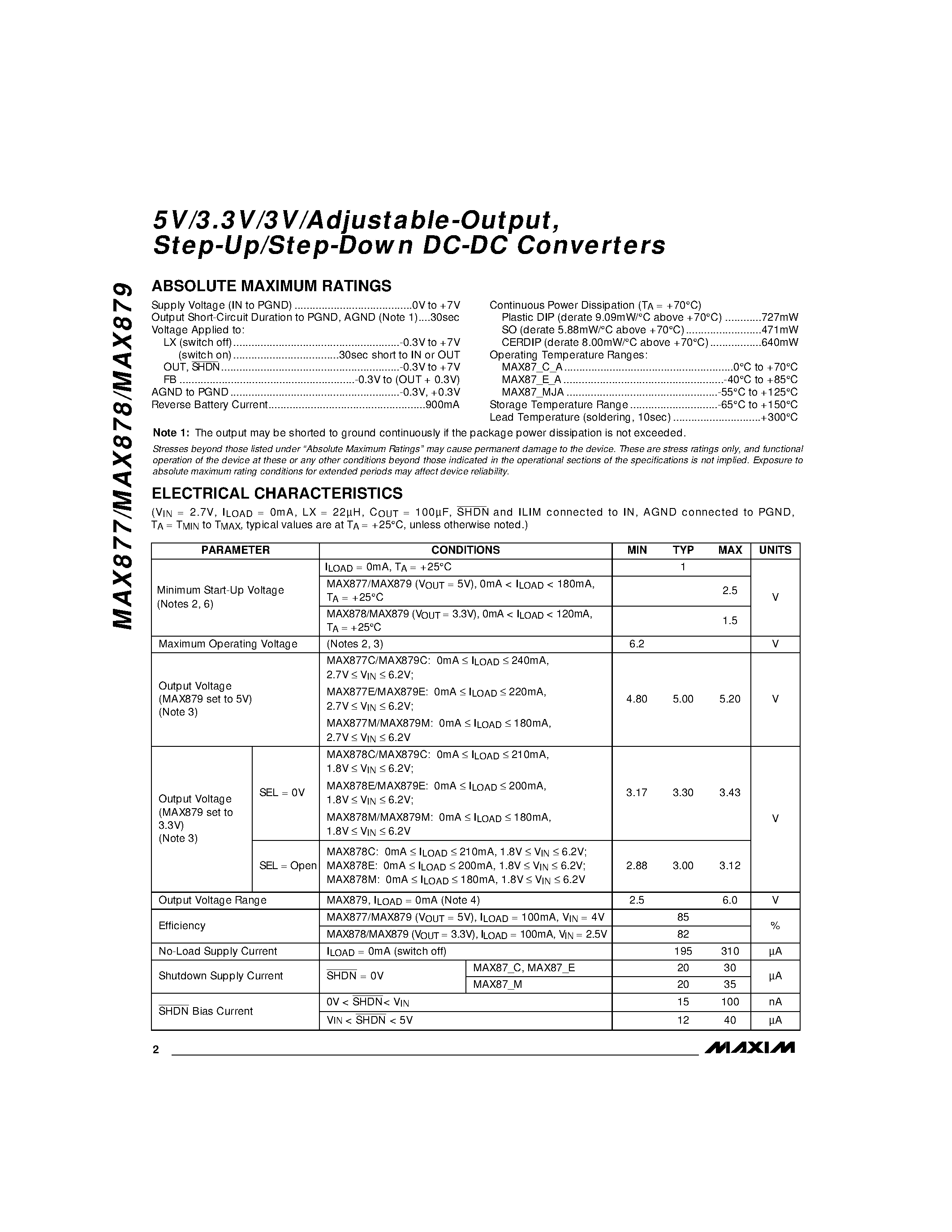 Даташит MAX878CPA - 5V/3.3V/3V/Adjustable-Output / Step-Up/Step-Down DC-DC Converters страница 2