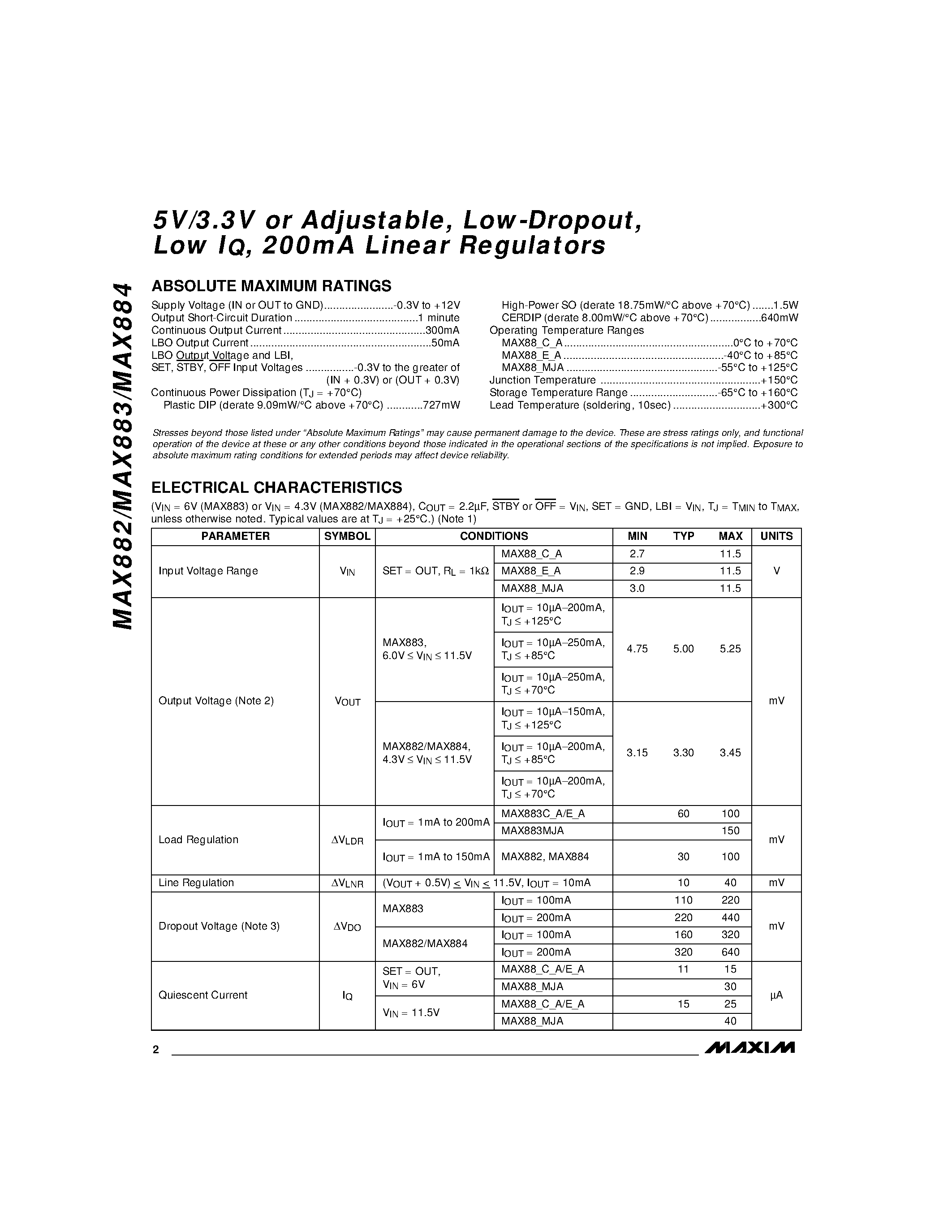 Datasheet MAX882 - 5V/3.3V or Adjustable / Low-Dropout / Low IQ / 200mA Linear Regulators page 2