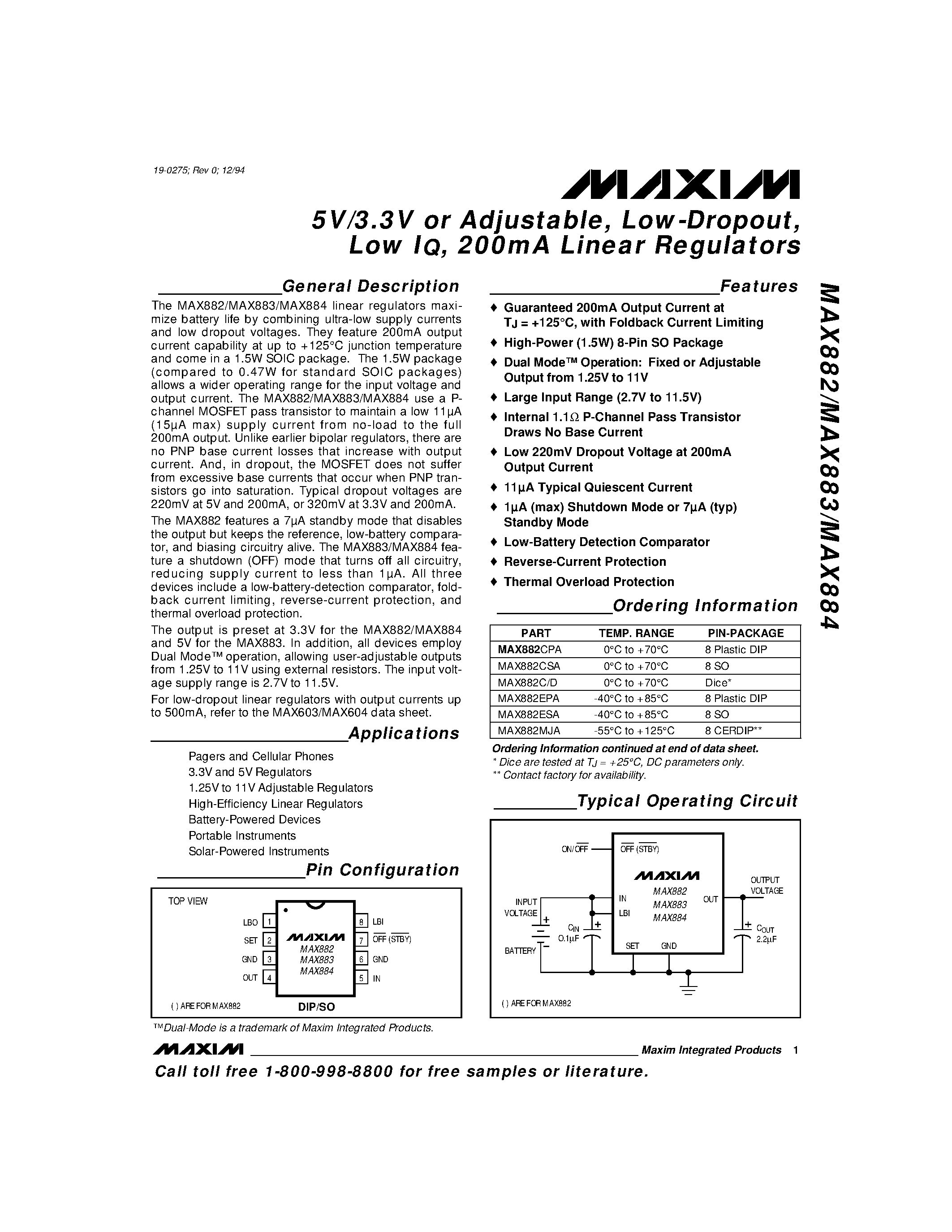 Datasheet MAX884 - 5V/3.3V or Adjustable / Low-Dropout / Low IQ / 200mA Linear Regulators page 1