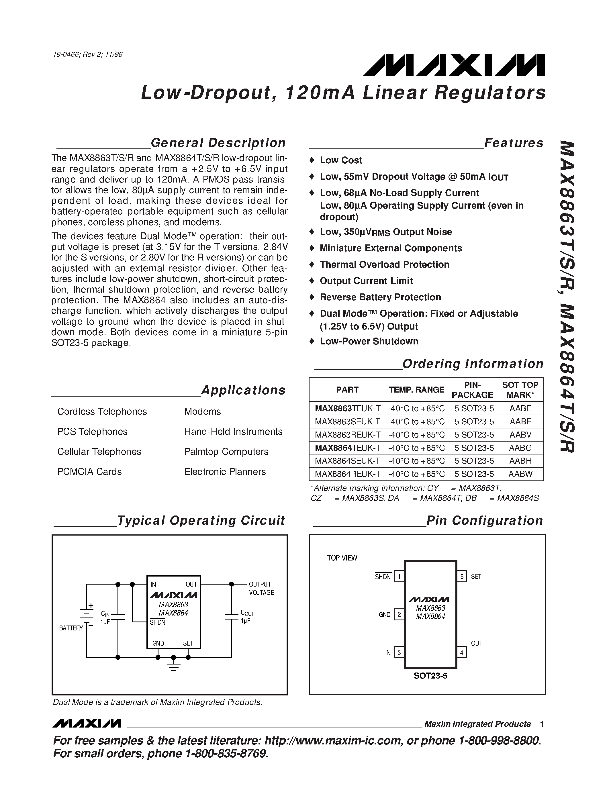 Datasheet MAX8864TEUK-T - Low-Dropout / 120mA Linear Regulators page 1