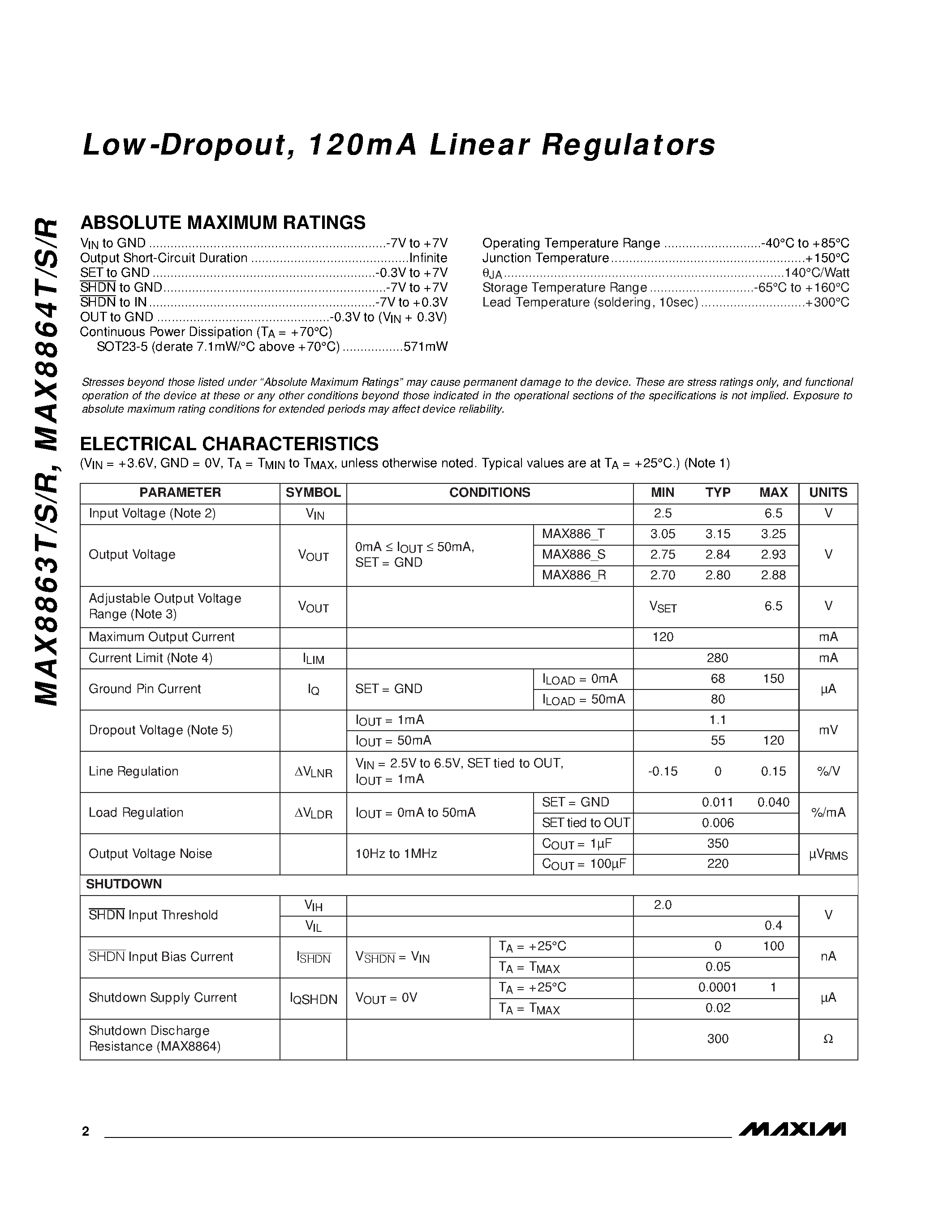 Datasheet MAX8864TEUK-T - Low-Dropout / 120mA Linear Regulators page 2
