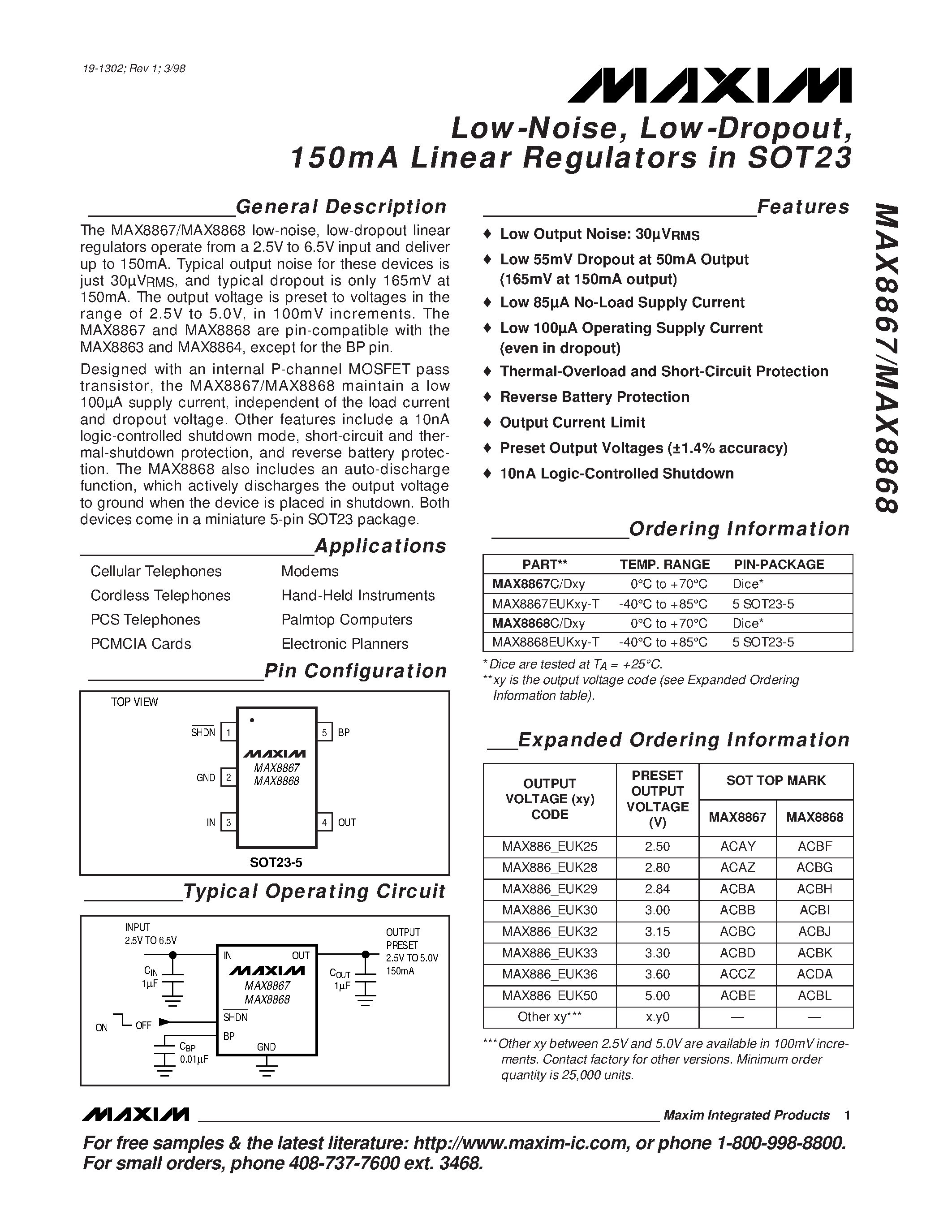 Datasheet MAX8867EUKxy-T - Low-Noise / Low-Dropout / 150mA Linear Regulators in SOT23 page 1