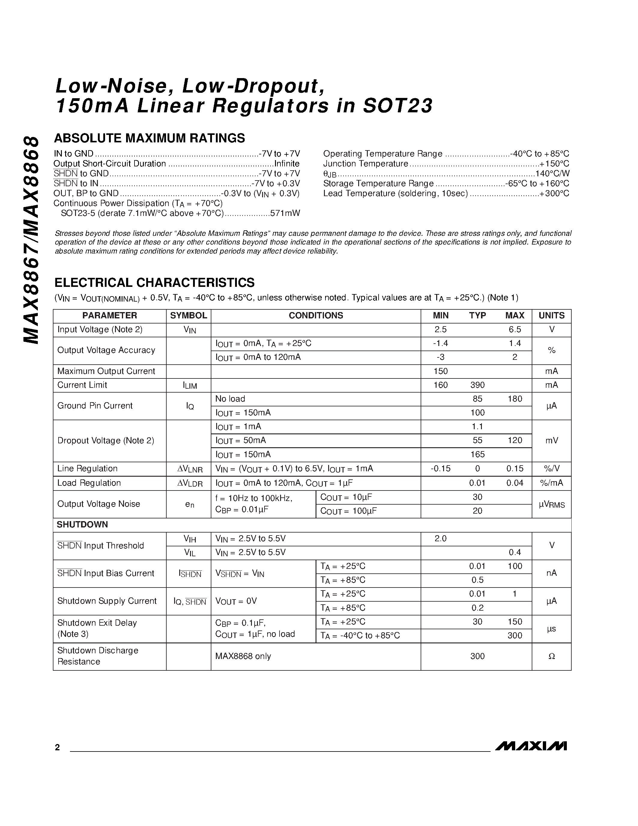 Datasheet MAX8867EUKxy-T - Low-Noise / Low-Dropout / 150mA Linear Regulators in SOT23 page 2