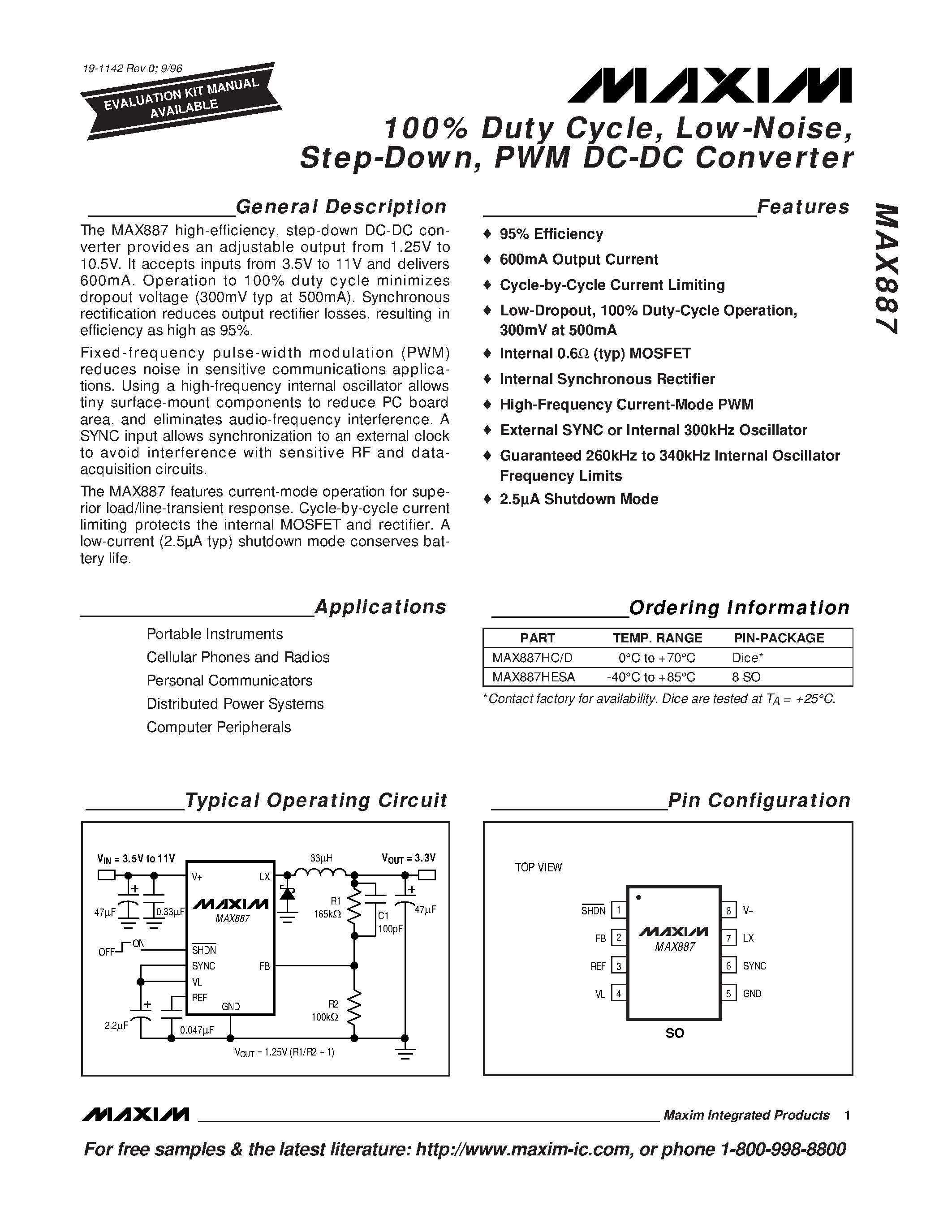 Datasheet MAX887 - 100% Duty Cycle / Low-Noise / Step-Down / PWM DC-DC Converter page 1