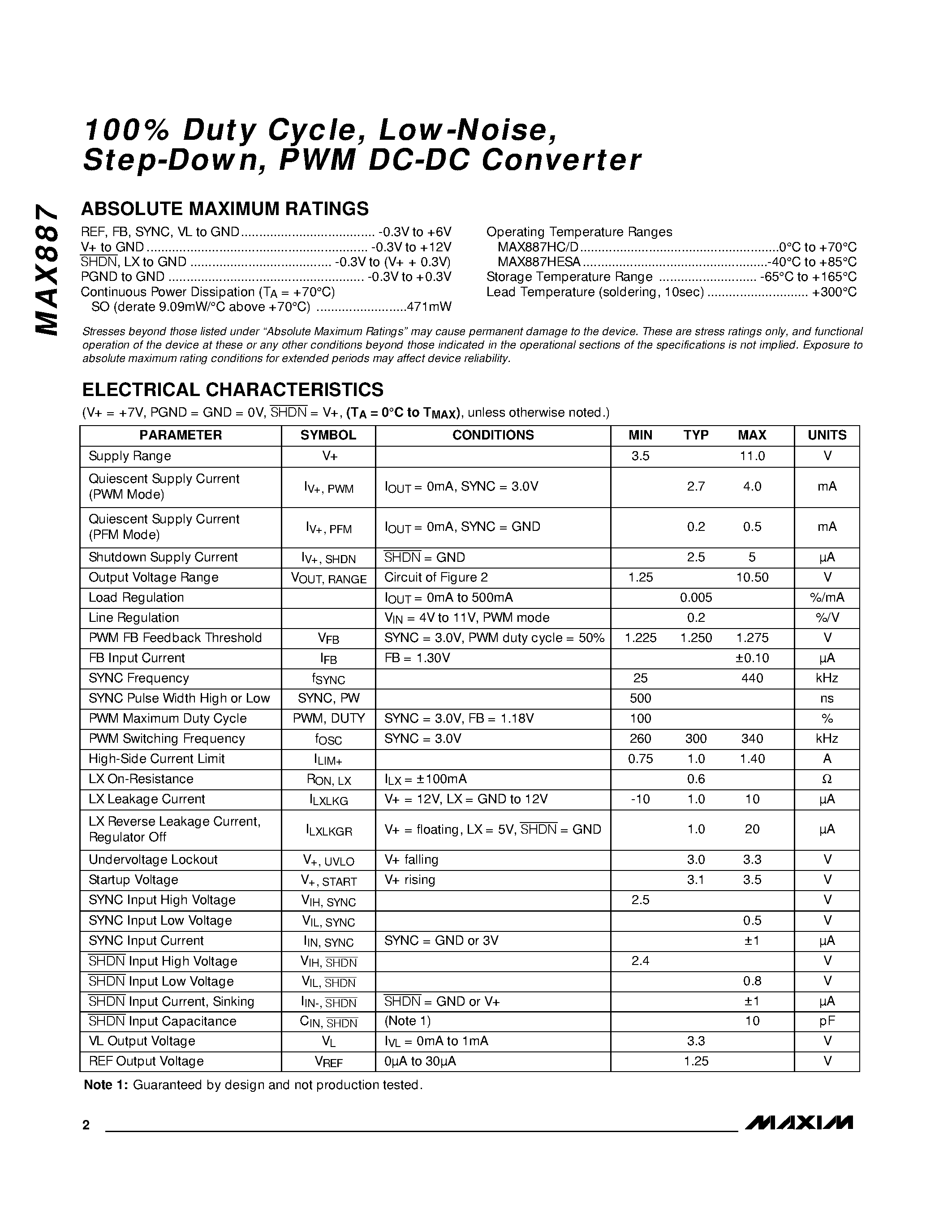 Datasheet MAX887 - 100% Duty Cycle / Low-Noise / Step-Down / PWM DC-DC Converter page 2