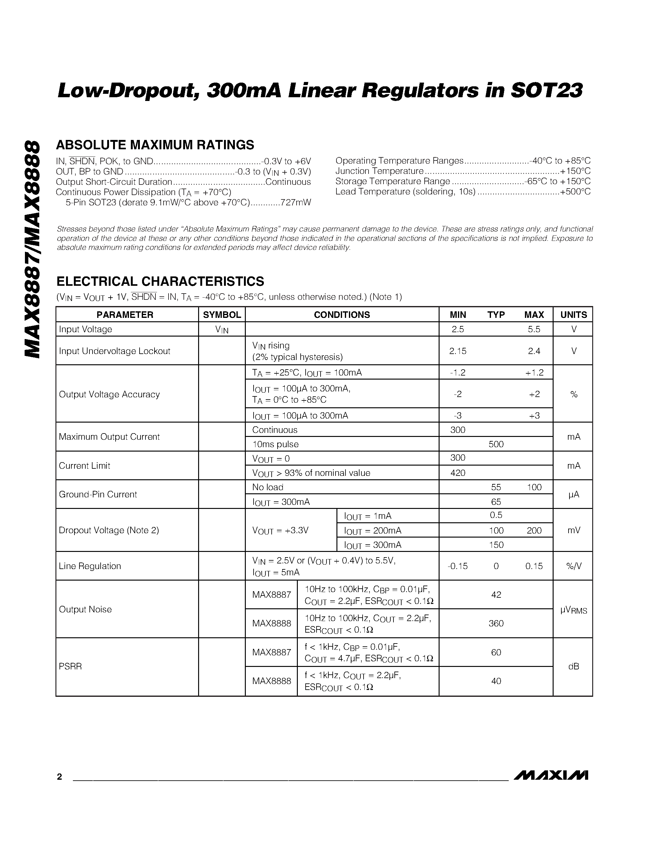 Datasheet MAX8888EZK29-T - Low-Dropout / 300mA Linear Regulators in SOT23 page 2