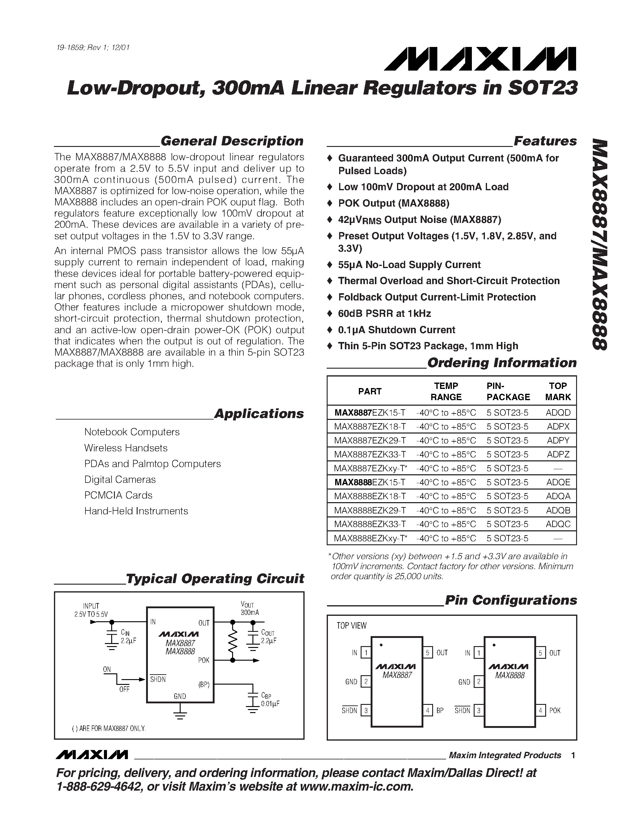 Datasheet MAX8888EZK33-T - Low-Dropout / 300mA Linear Regulators in SOT23 page 1