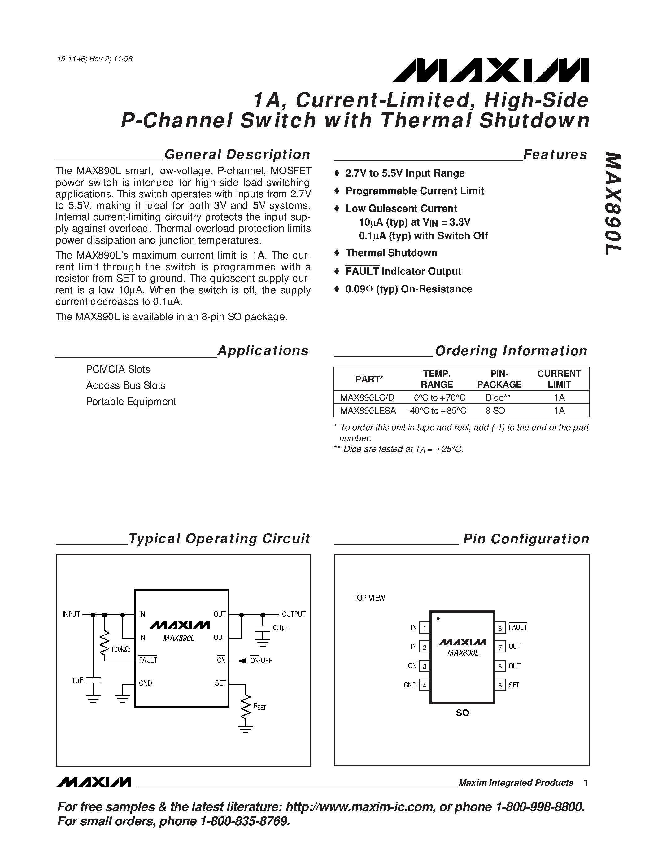 Даташит MAX890LESA - 1A / Current-Limited / High-Side P-Channel Switch with Thermal Shutdown страница 1
