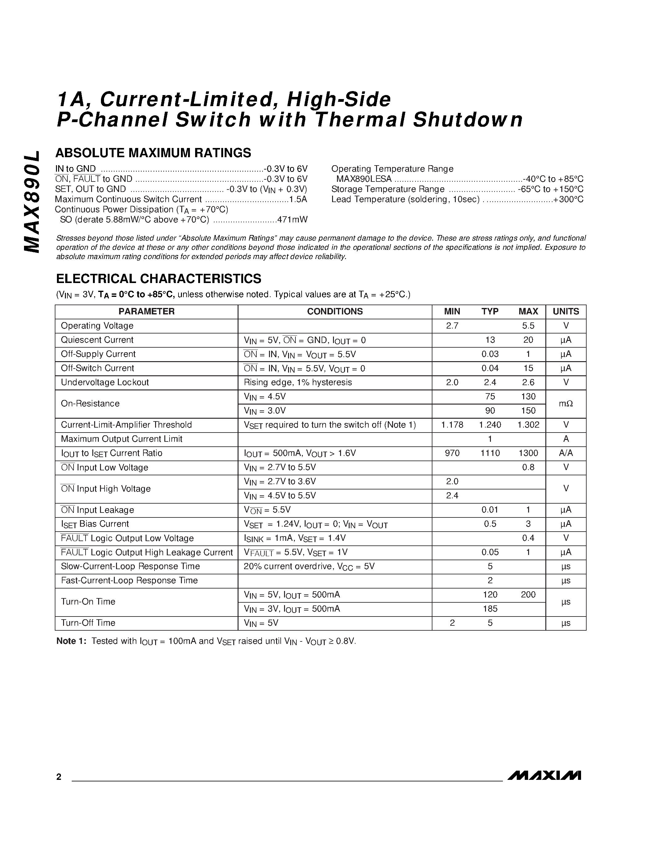 Даташит MAX890LESA - 1A / Current-Limited / High-Side P-Channel Switch with Thermal Shutdown страница 2