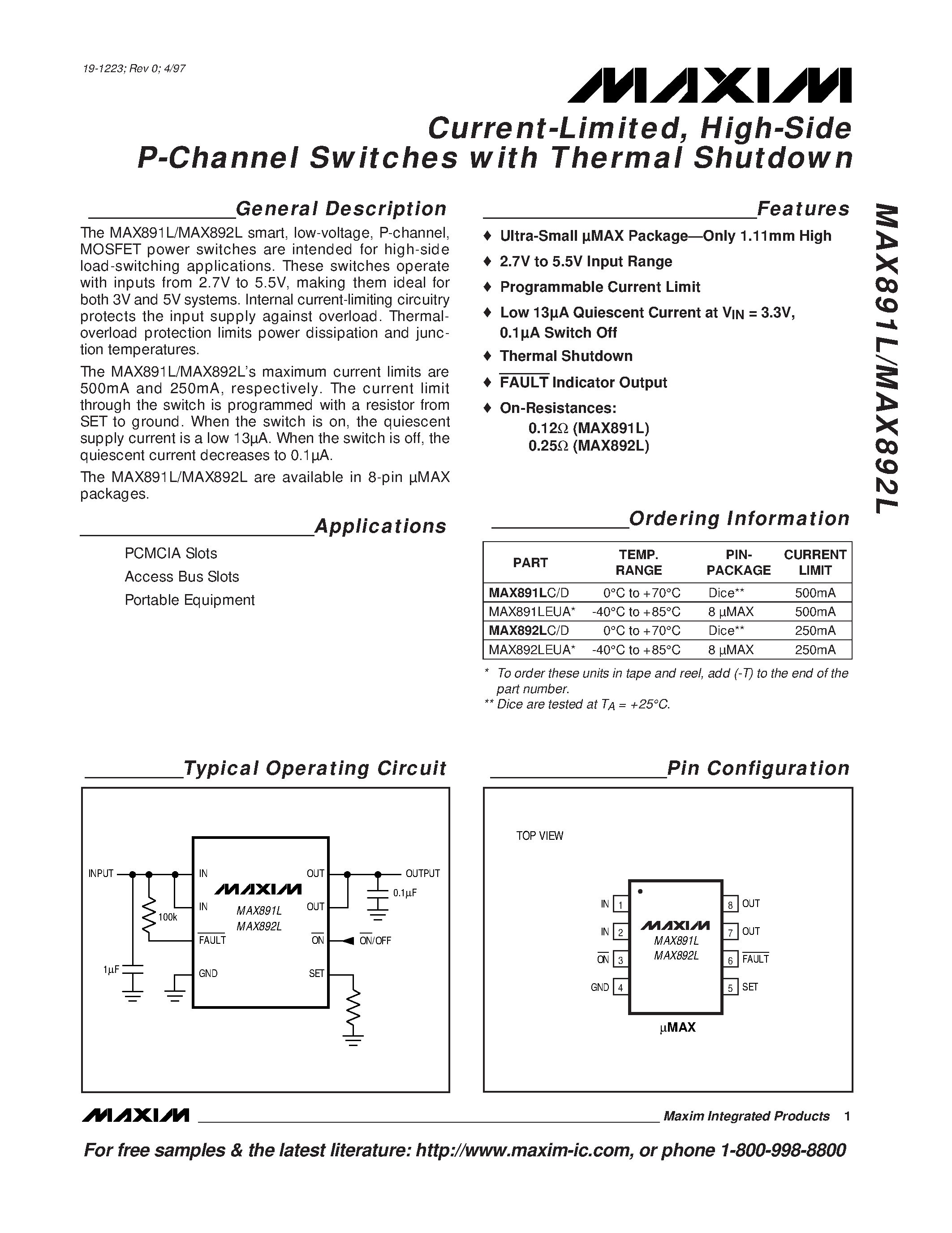 Даташит MAX891L - 2A / Current-Limited / High-Side P-Channel Switch with Thermal Shutdown страница 1