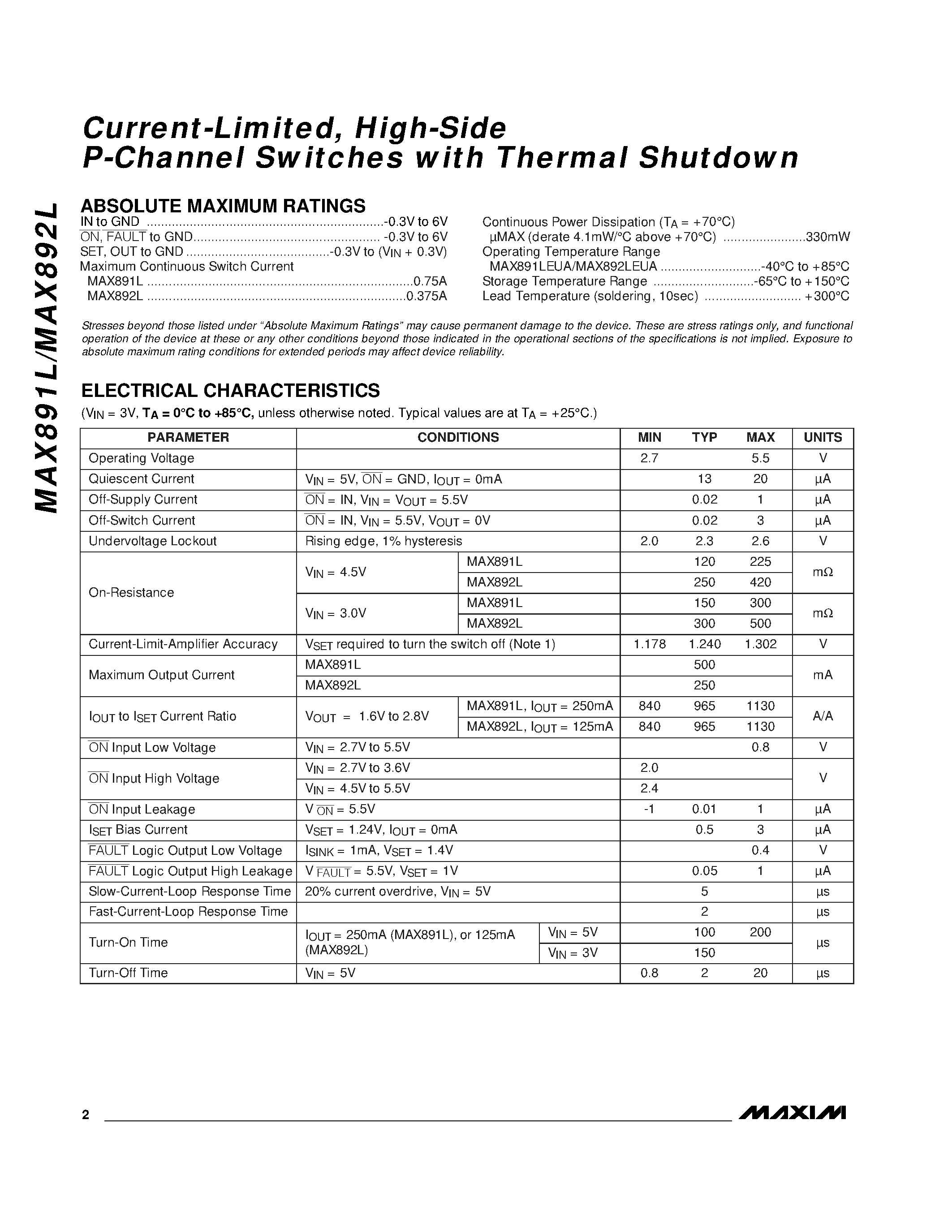 Даташит MAX891L - 2A / Current-Limited / High-Side P-Channel Switch with Thermal Shutdown страница 2