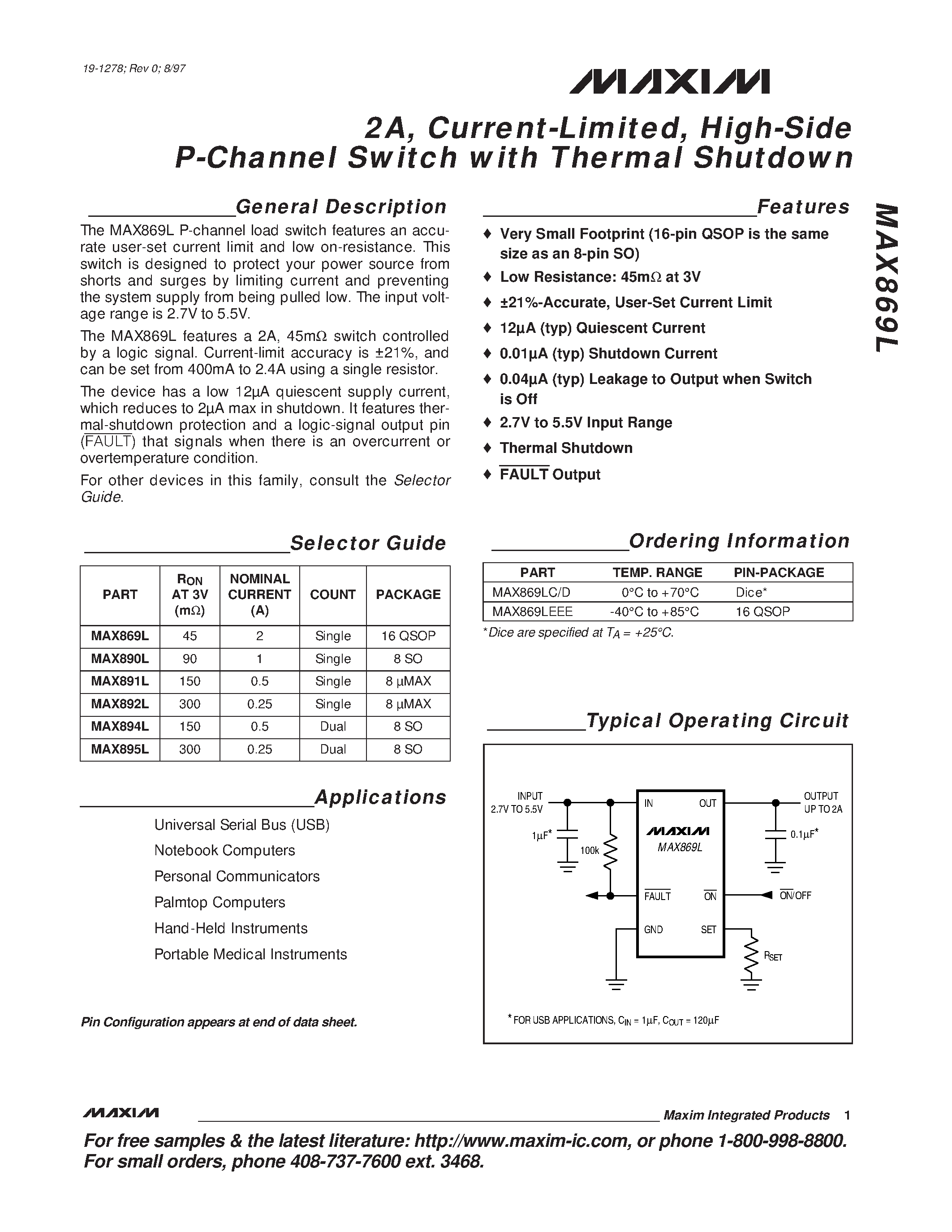 Даташит на микросхему MAX892L страница 1 Даташит MAX892L - 2A / Current-Limited / High-Side P-Channel Switch with Thermal Shutdown страница 1