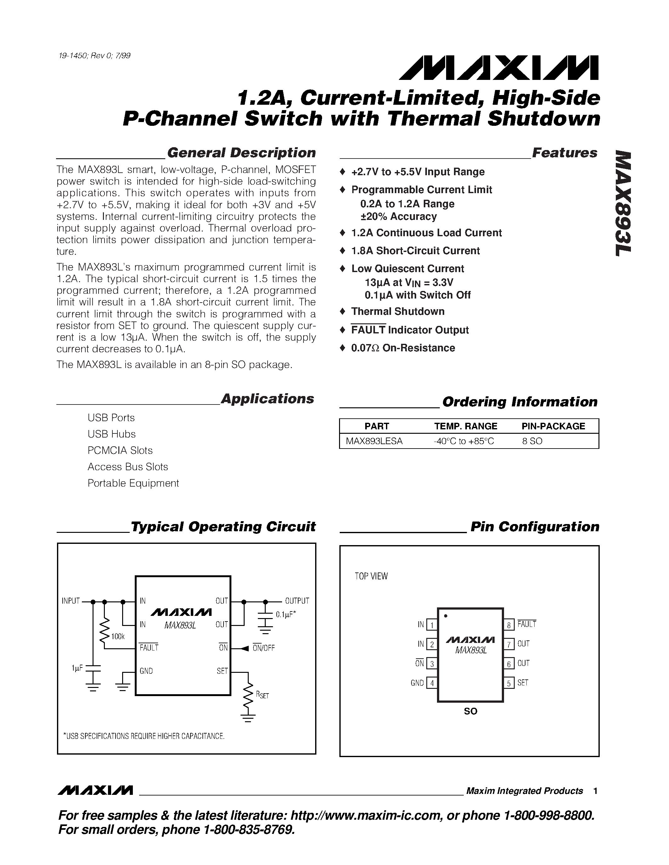Даташит MAX893L - 1.2A / Current-Limited / High-Side P-Channel Switch with Thermal Shutdown страница 1