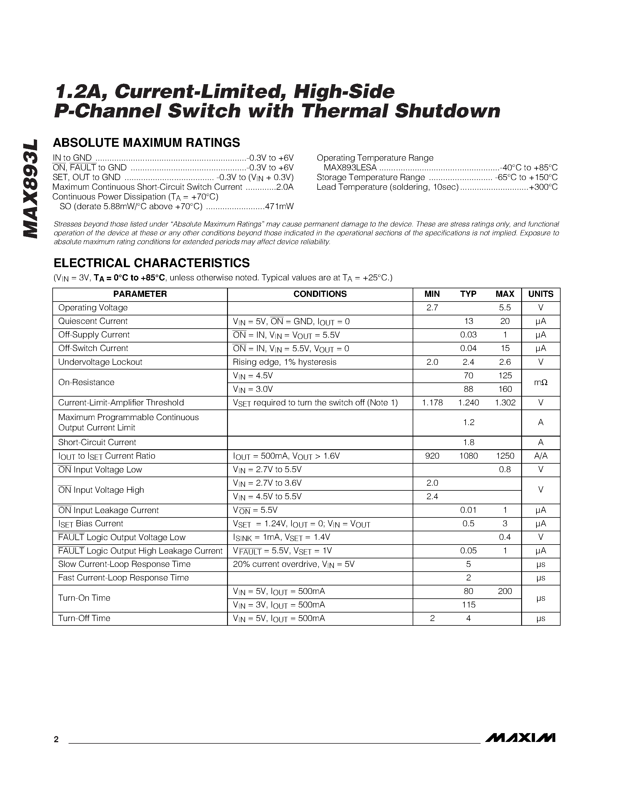 Даташит MAX893L - 1.2A / Current-Limited / High-Side P-Channel Switch with Thermal Shutdown страница 2