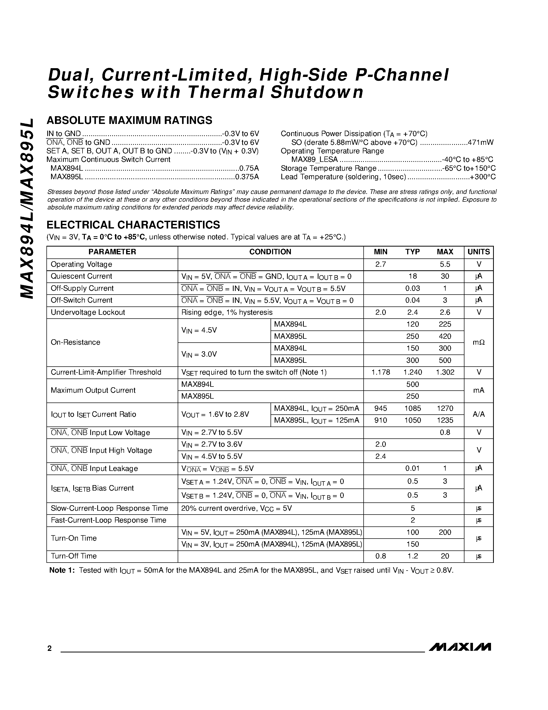 Даташит MAX894L - 2A / Current-Limited / High-Side P-Channel Switch with Thermal Shutdown страница 2