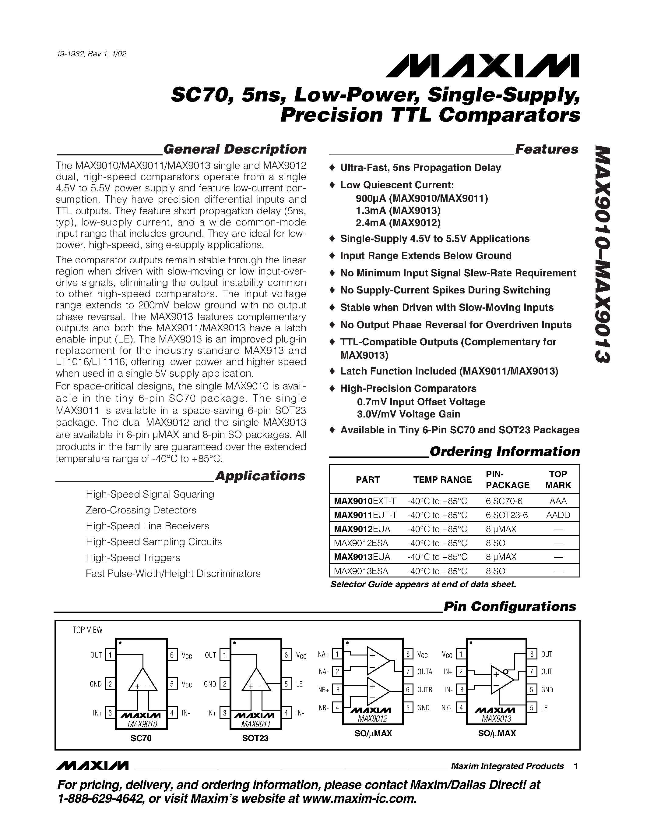 Datasheet MAX9010 - SC70 / 5ns / Low-Power / Single-Supply / Precision TTL Comparators page 1