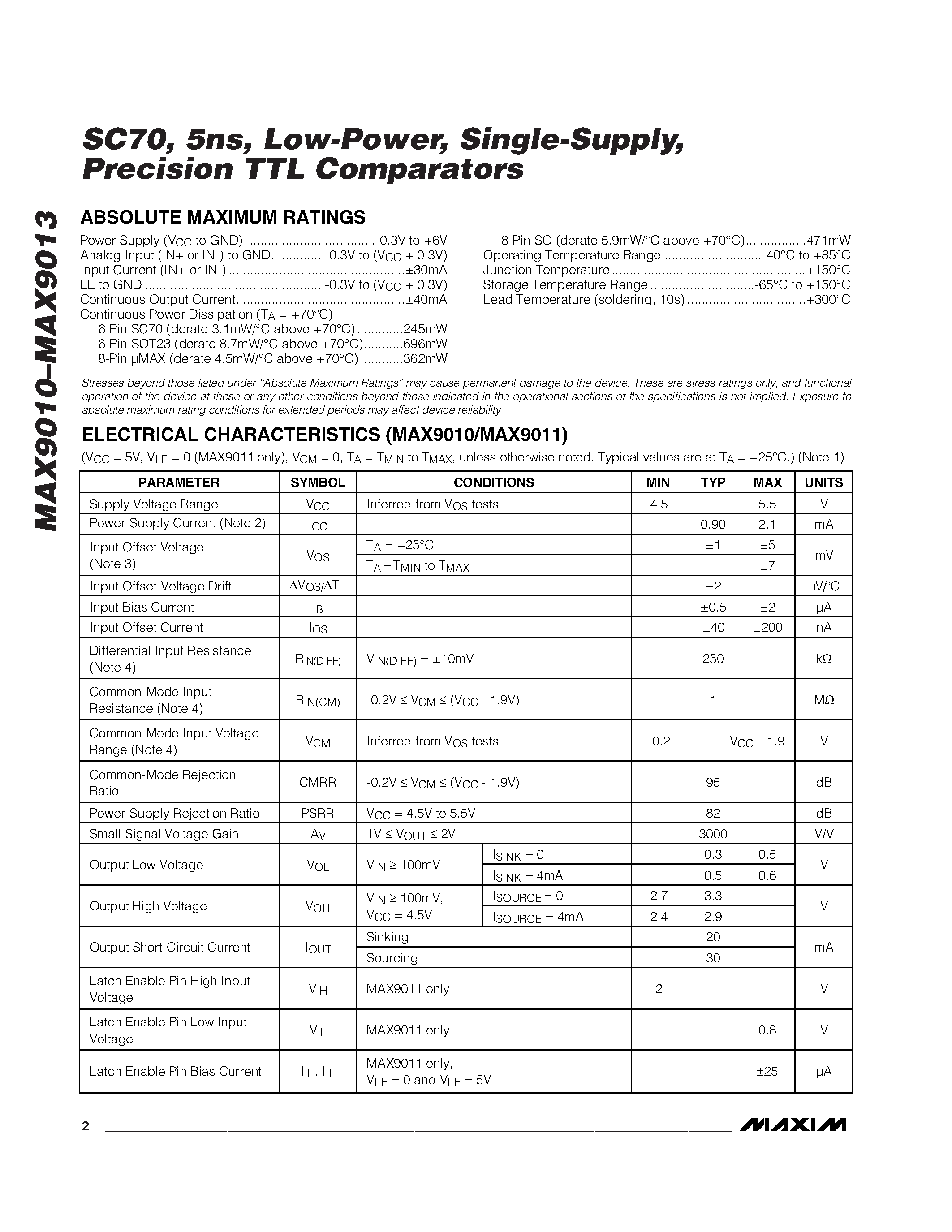 Datasheet MAX9013ESA - SC70 / 5ns / Low-Power / Single-Supply / Precision TTL Comparators page 2