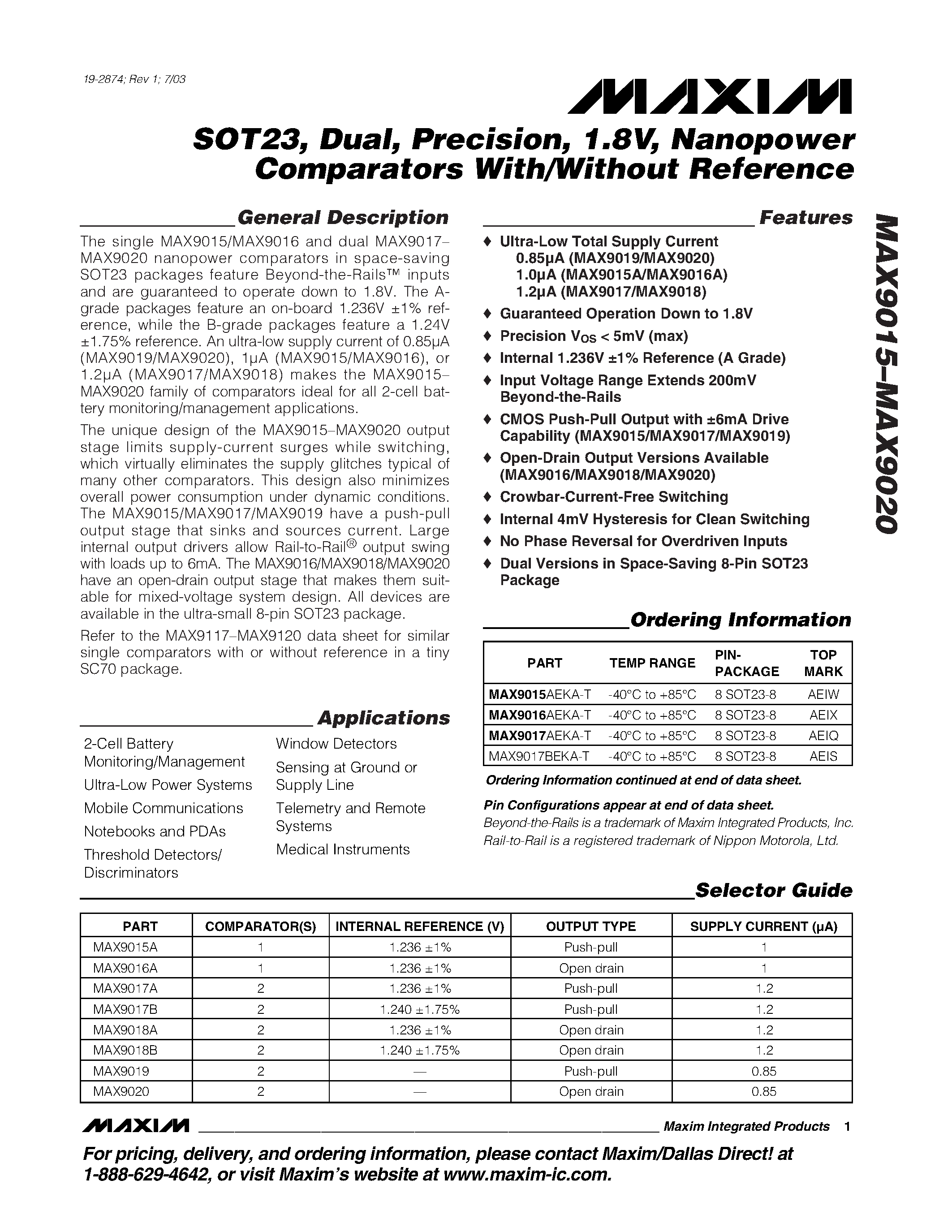 Datasheet MAX9018BEKA-T - SOT23 / Dual / Precision / 1.8V / Nanopower Comparators With/Without Reference page 1