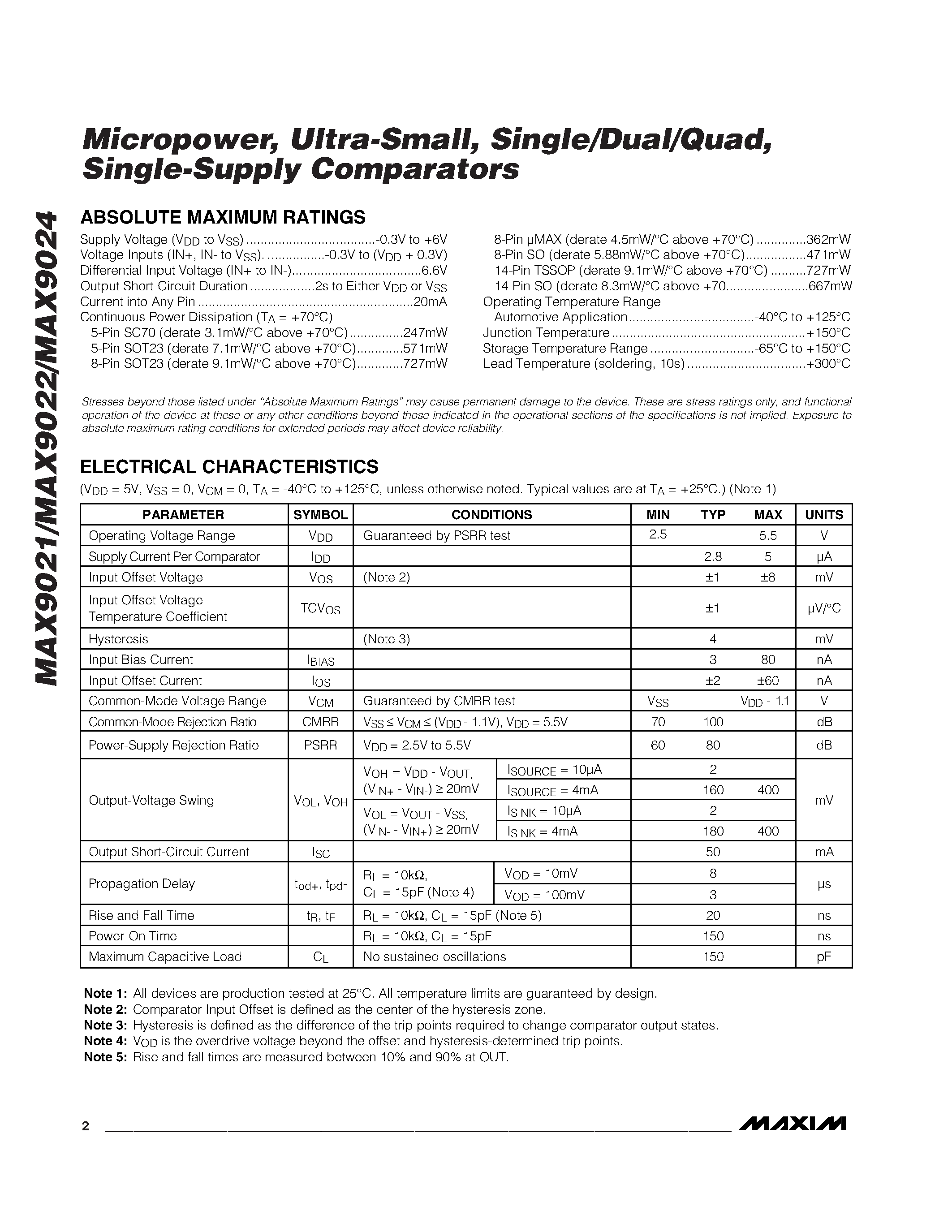 Datasheet MAX9021AUK-T - Micropower / Ultra-Small / Single/Dual/Quad / Single-Supply Comparators page 2