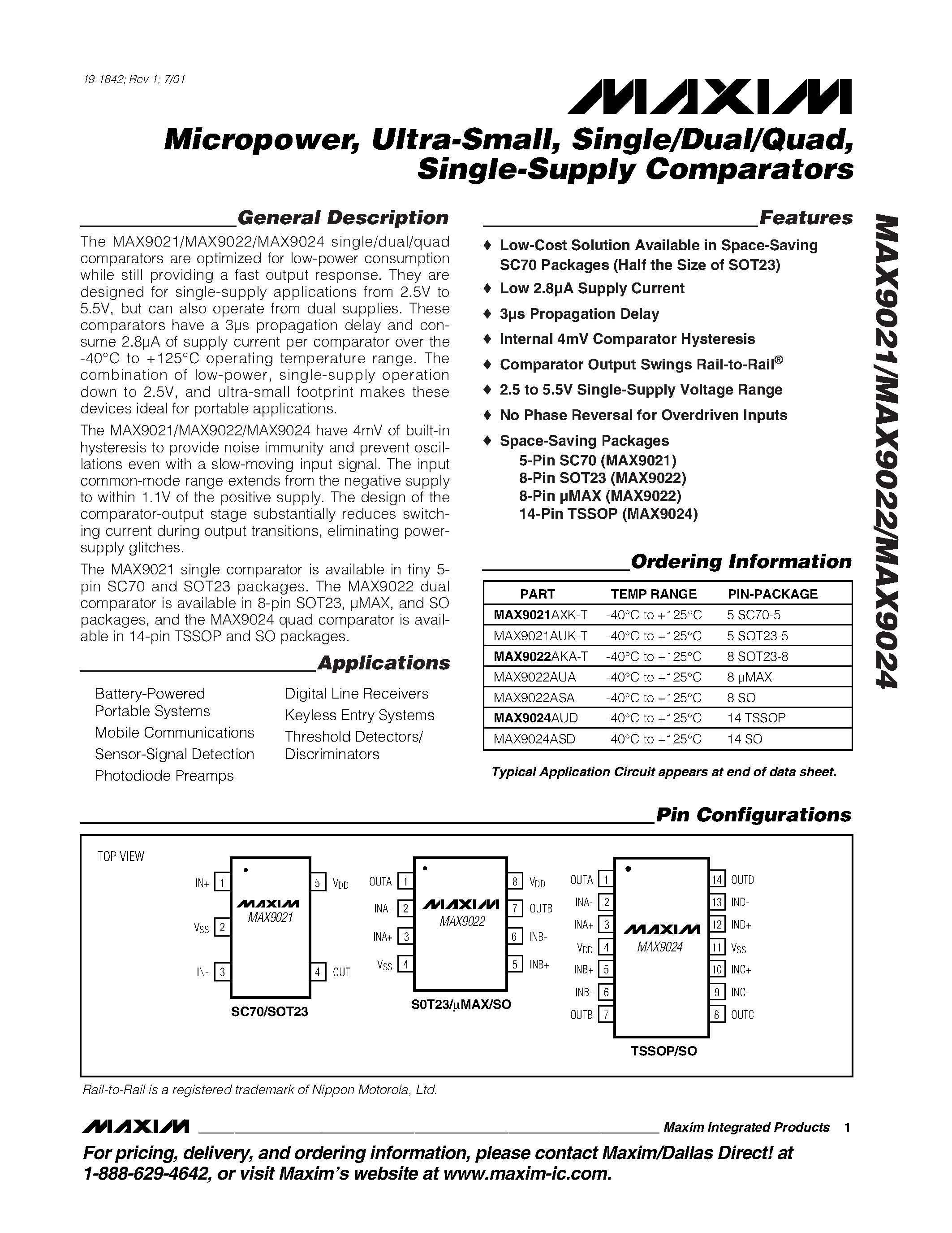 Datasheet MAX9021AXK-T - Micropower / Ultra-Small / Single/Dual/Quad / Single-Supply Comparators page 1