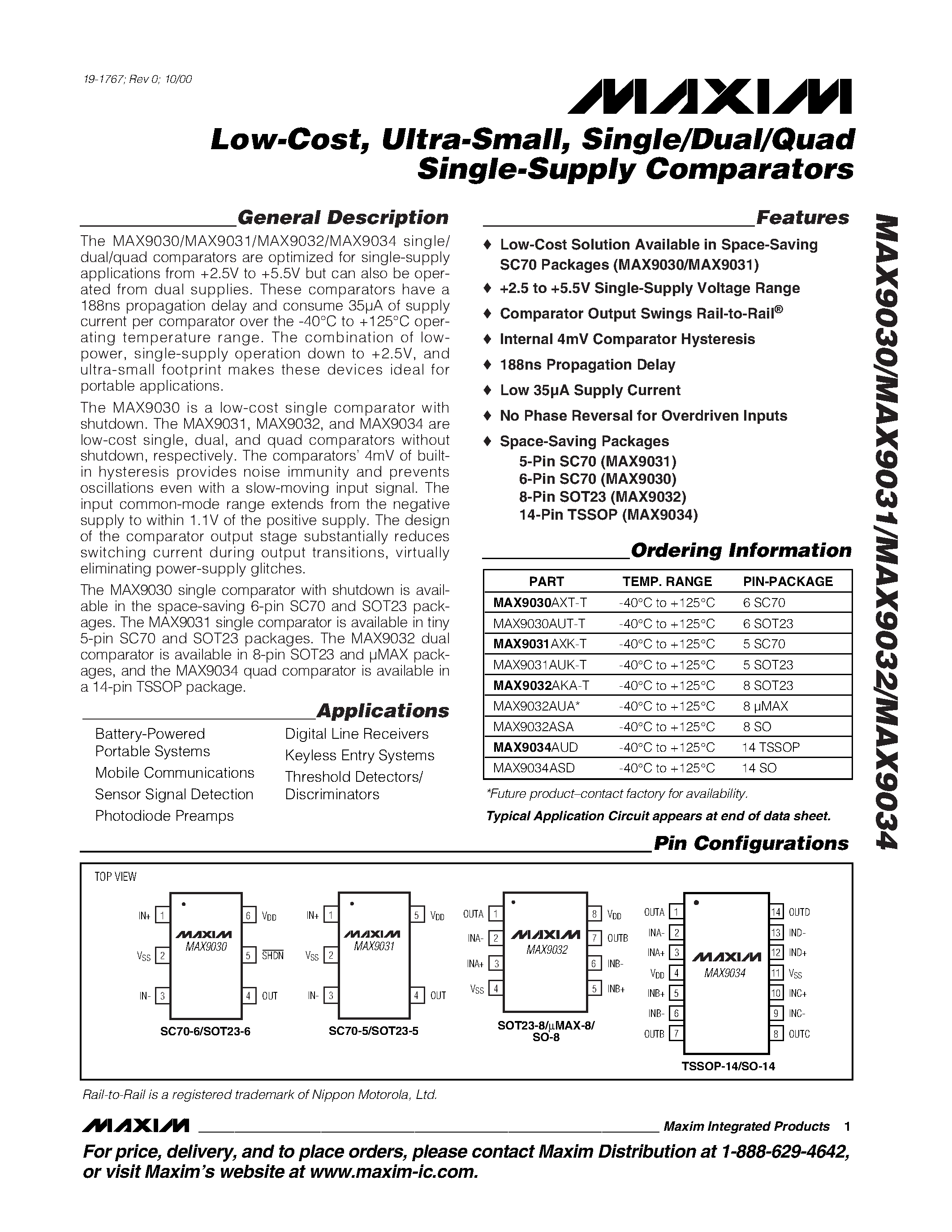 Даташит MAX9032AKA-T - Low-Cost / Ultra-Small / Single/Dual/Quad Single-Supply Comparators страница 1