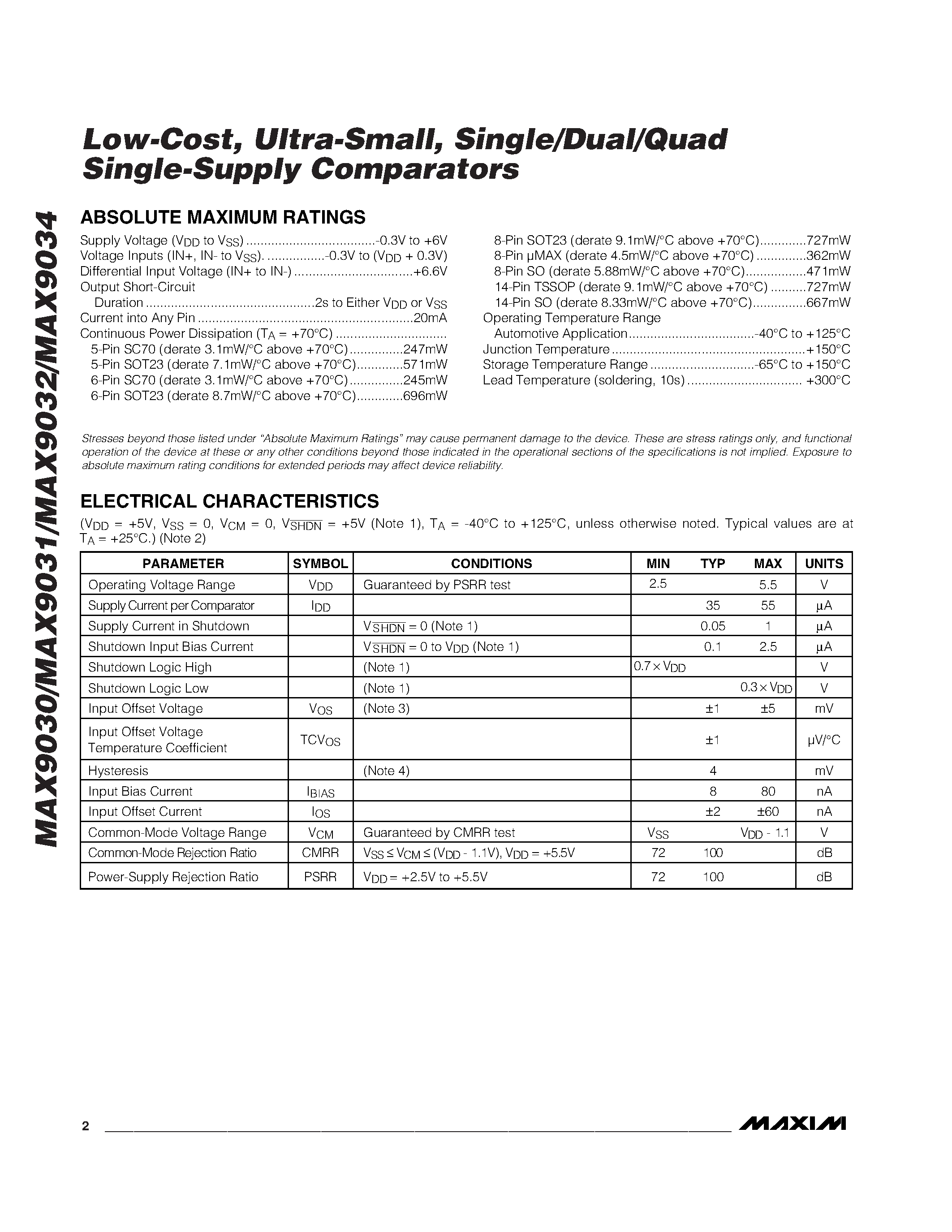 Даташит MAX9032AKA-T - Low-Cost / Ultra-Small / Single/Dual/Quad Single-Supply Comparators страница 2