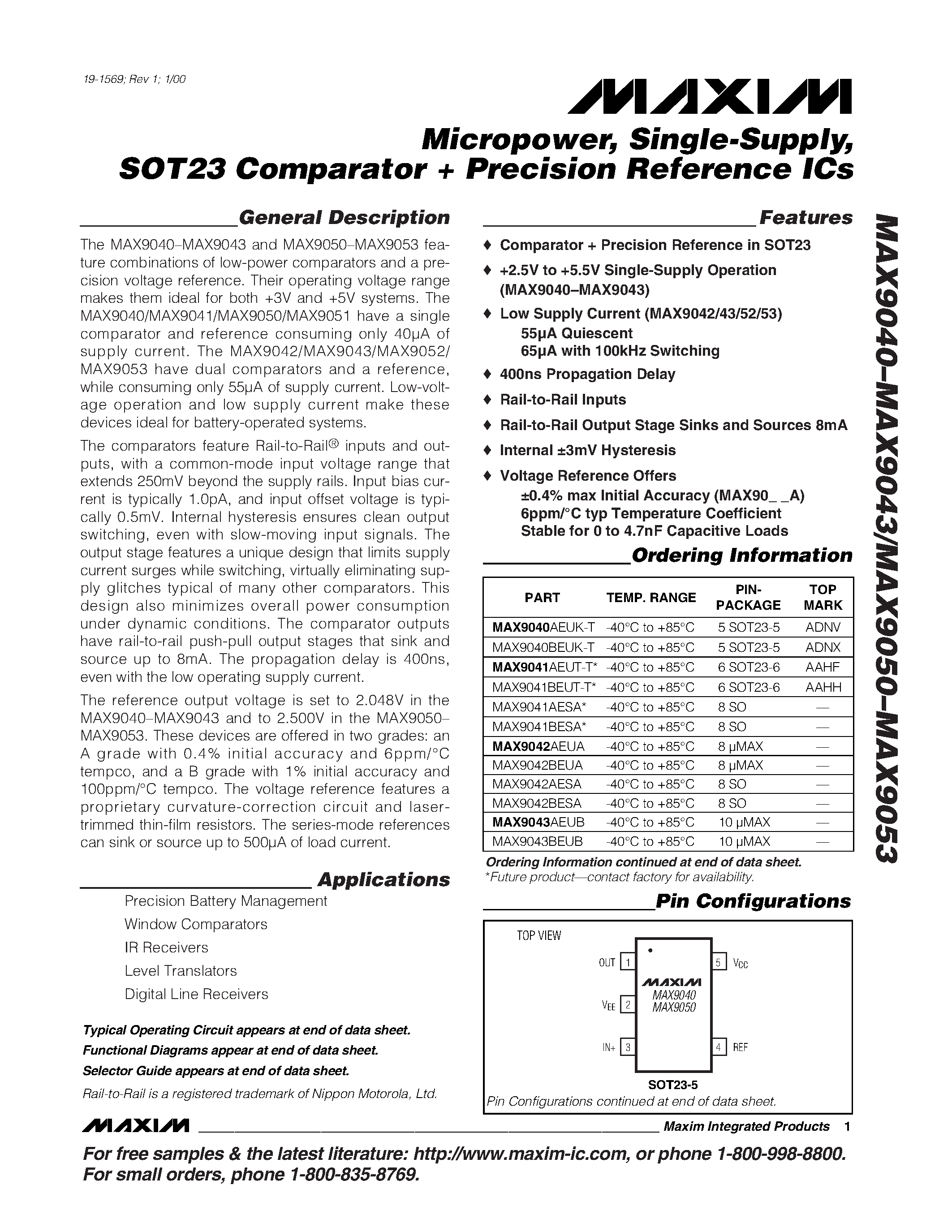 Datasheet MAX9040AEUK-T - Micropower / Single-Supply / SOT23 Comparator + Precision Reference ICs page 1