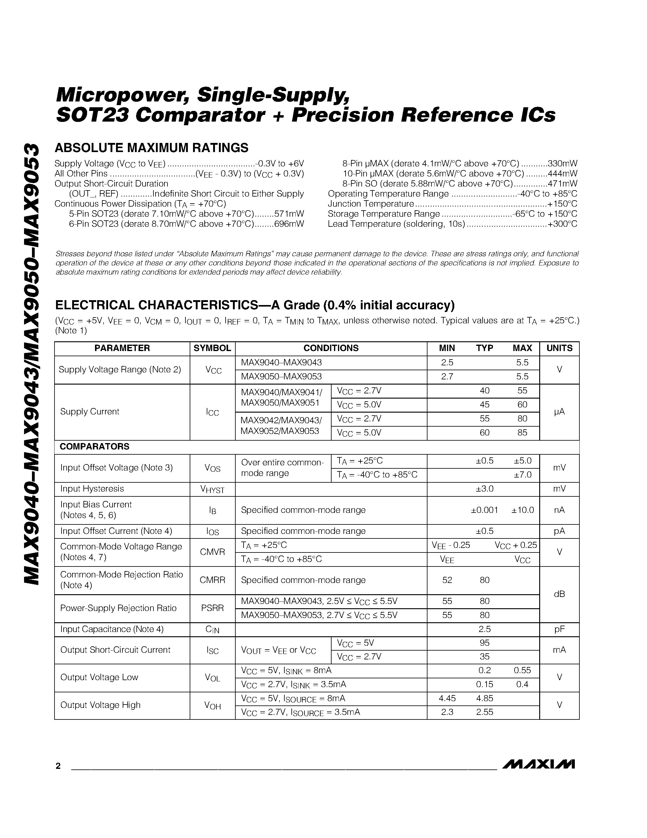 Datasheet MAX9040BEUK-T - Micropower / Single-Supply / SOT23 Comparator + Precision Reference ICs page 2