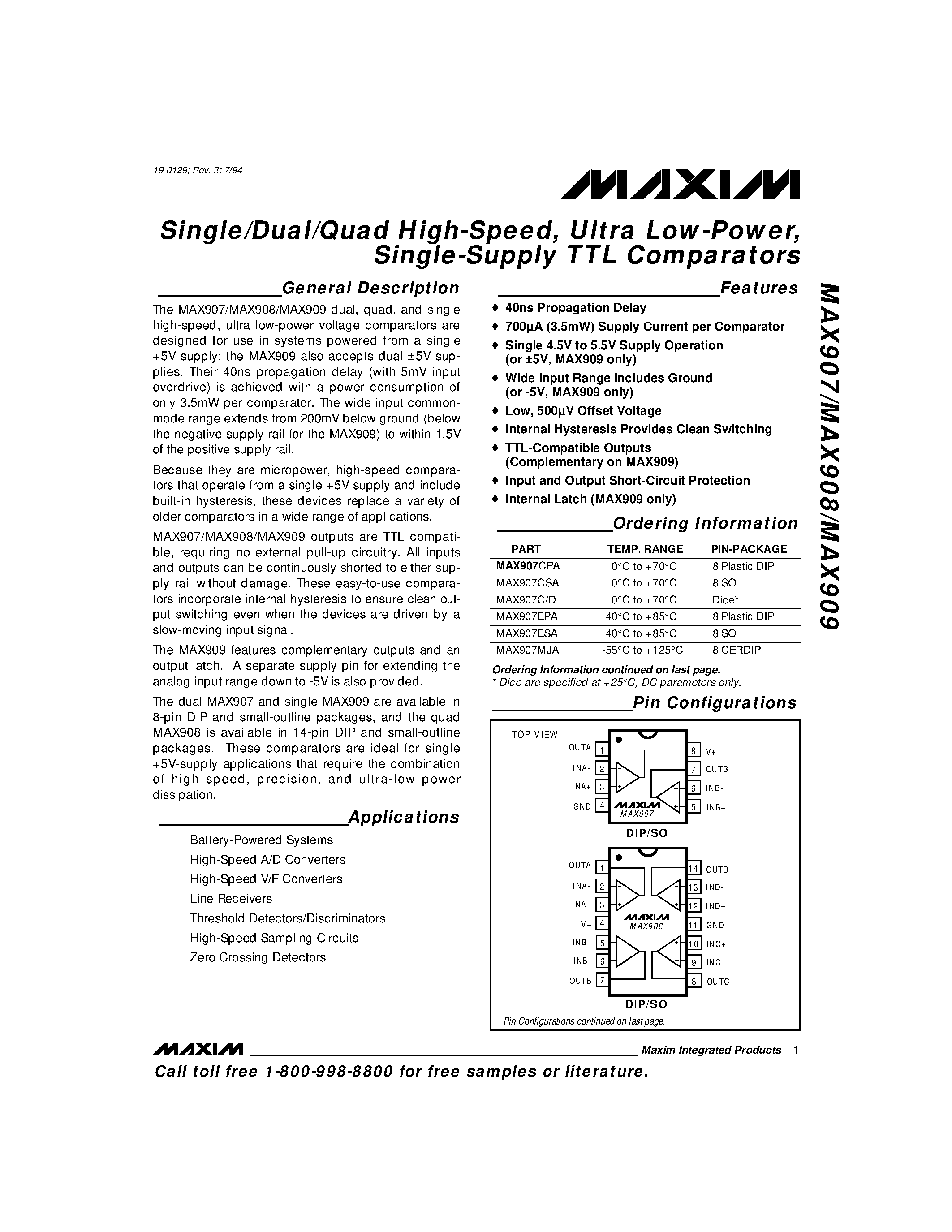Datasheet MAX907 - Single/Dual/Quad High-Speed / Ultra Low-Power / Single-Supply TTL Comparators page 1