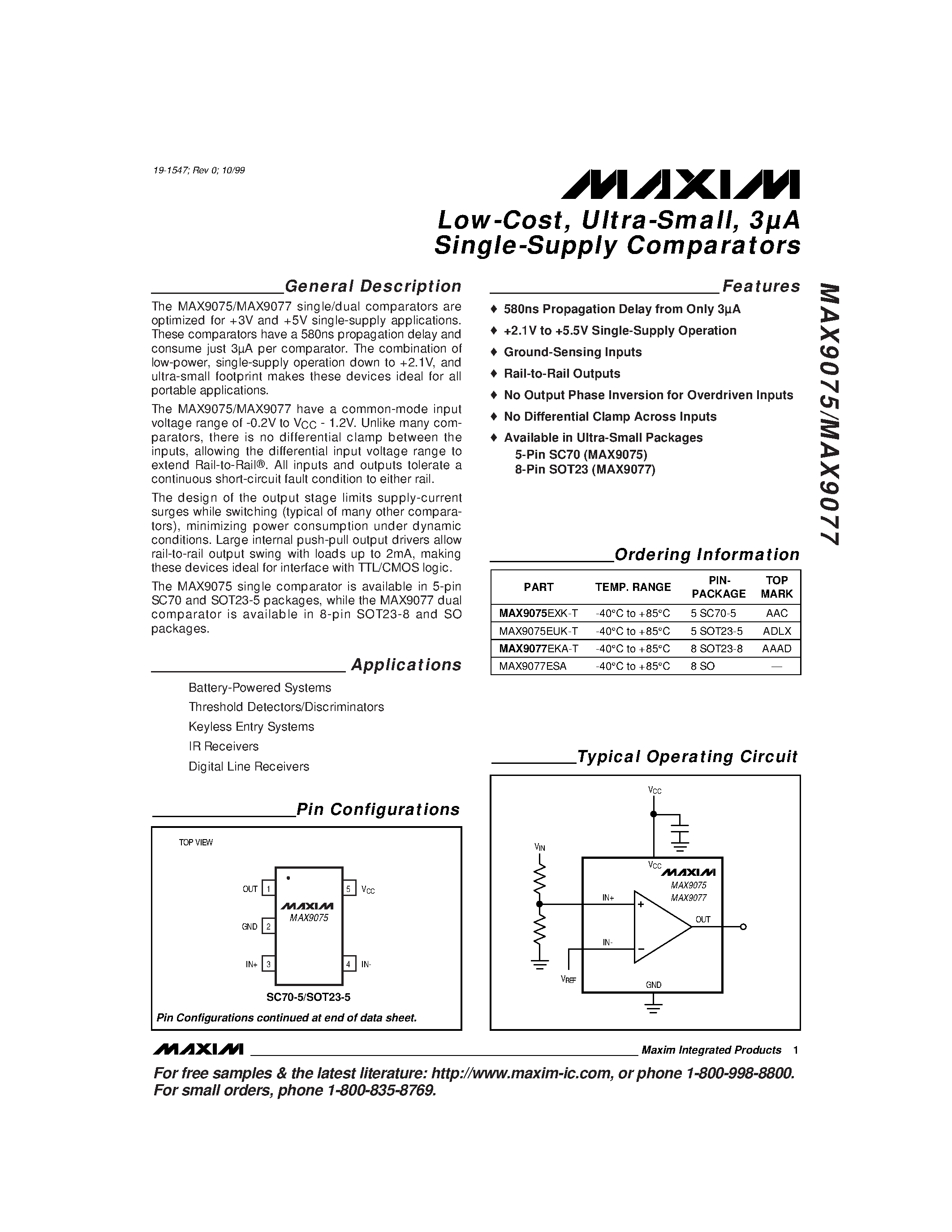 Datasheet MAX9075EUK-T page 1 Datasheet MAX9075EUK-T - Low-Cost / Ultra-Small / 3A Single-Supply Comparators page 1